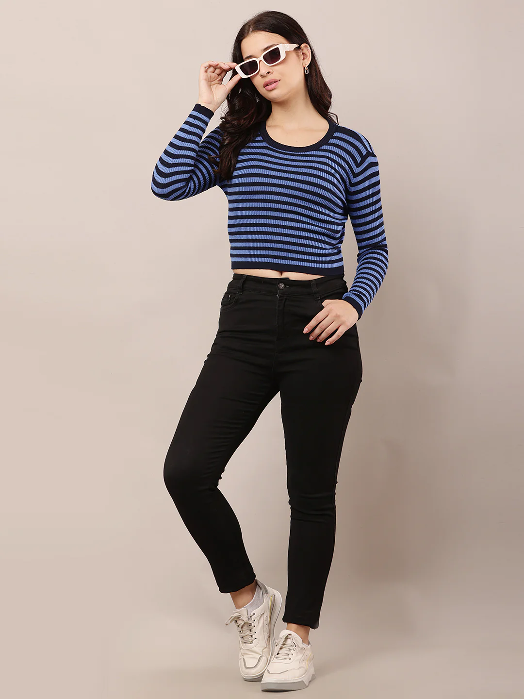 Women Blue & Black Round Neck Sweater - Image 3