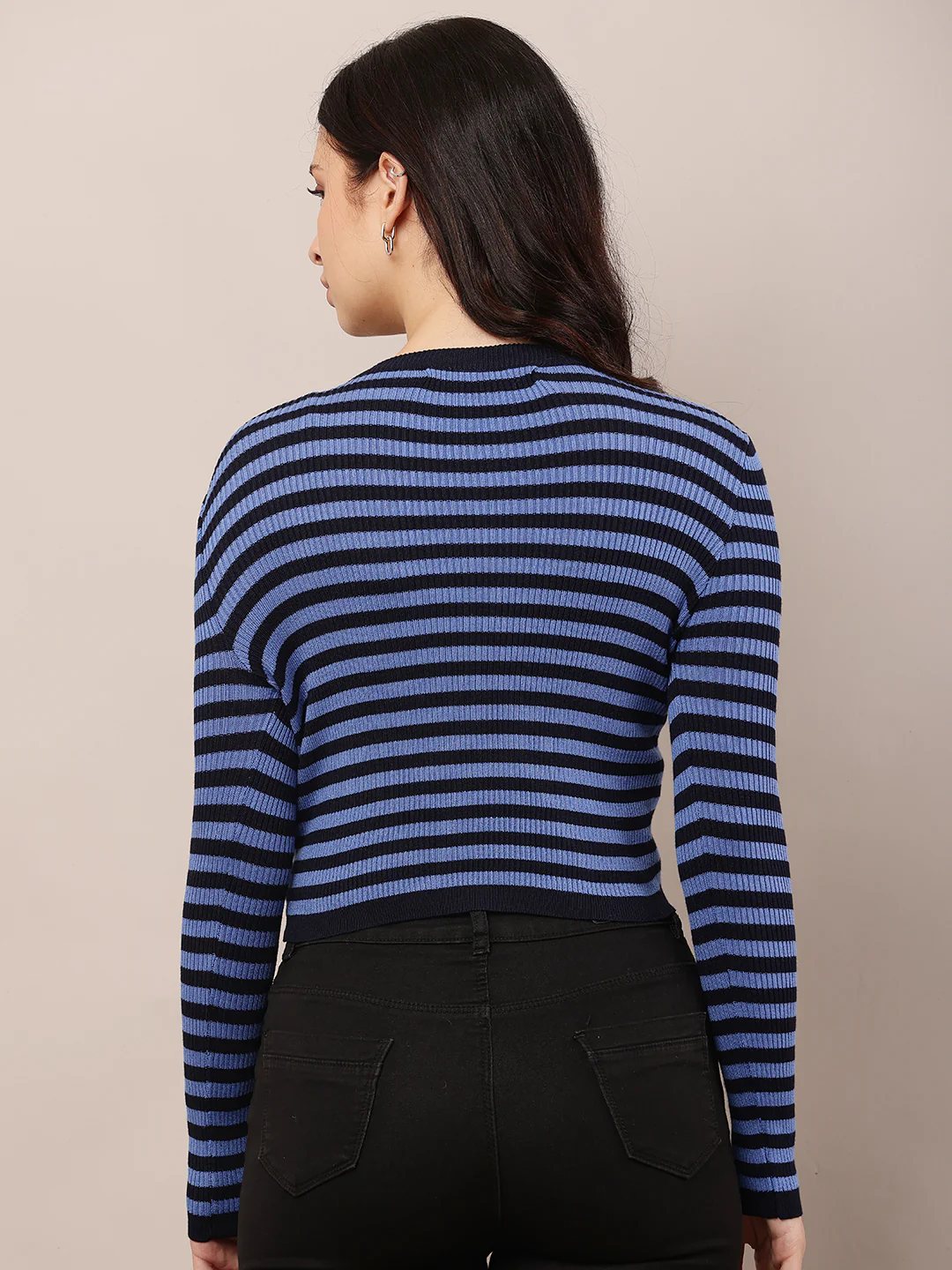 Women Blue & Black Round Neck Sweater - Image 4