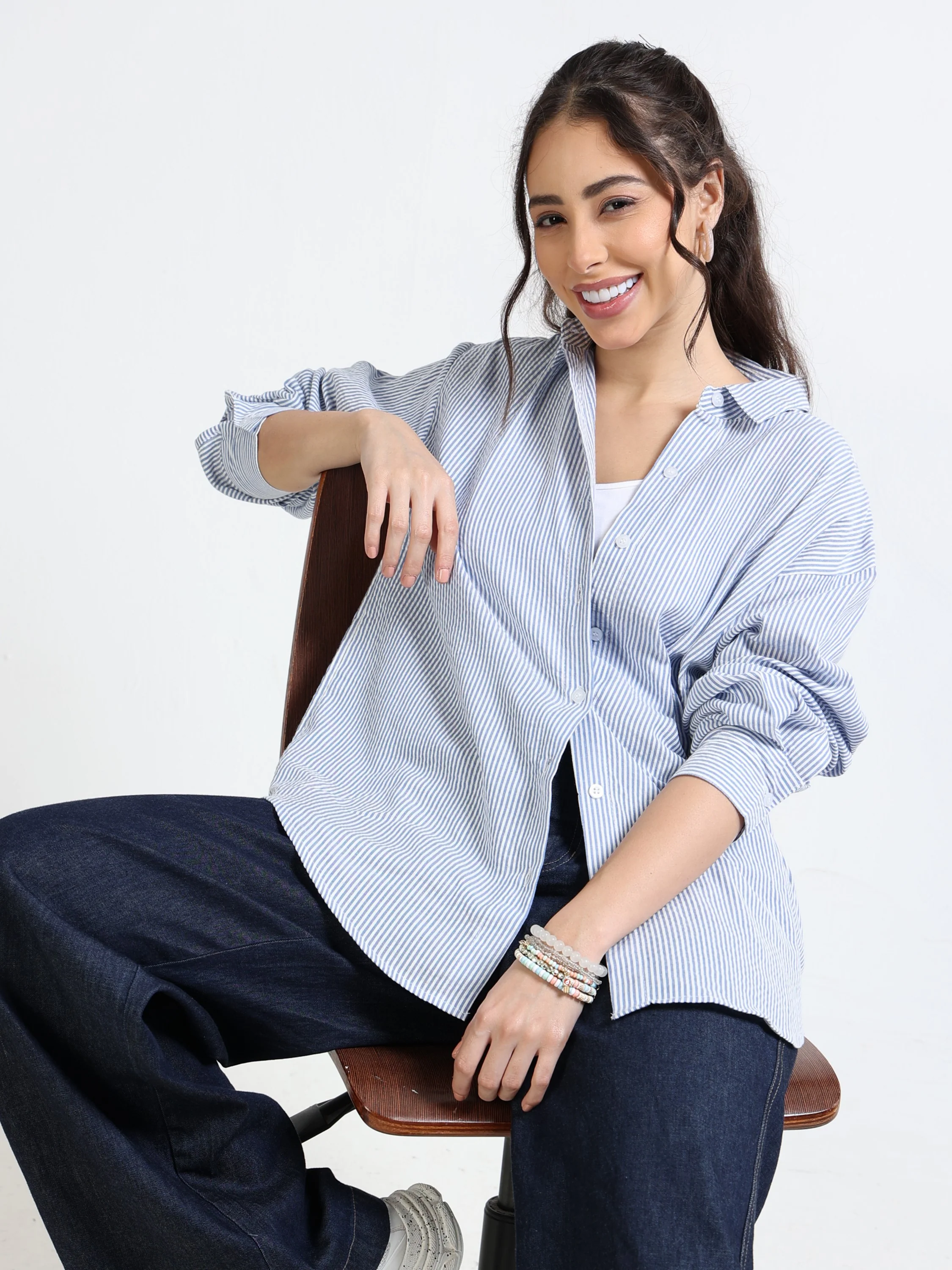 Women Blue See-Sucker Shirt