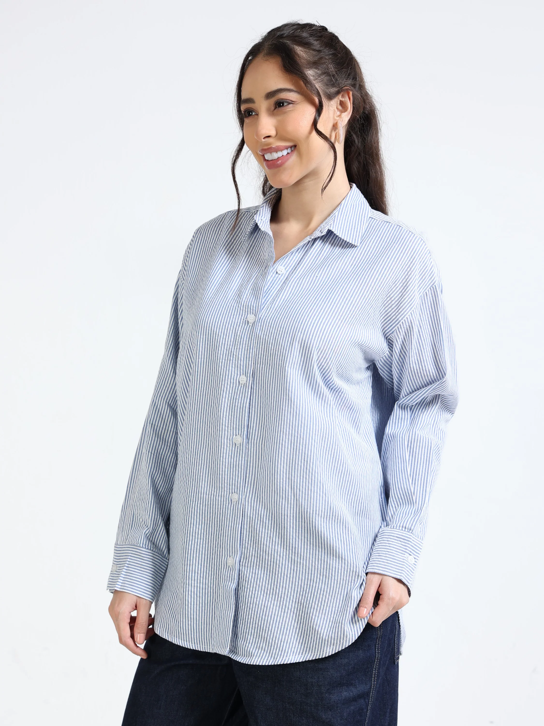 Women Blue See-Sucker Shirt - Image 3