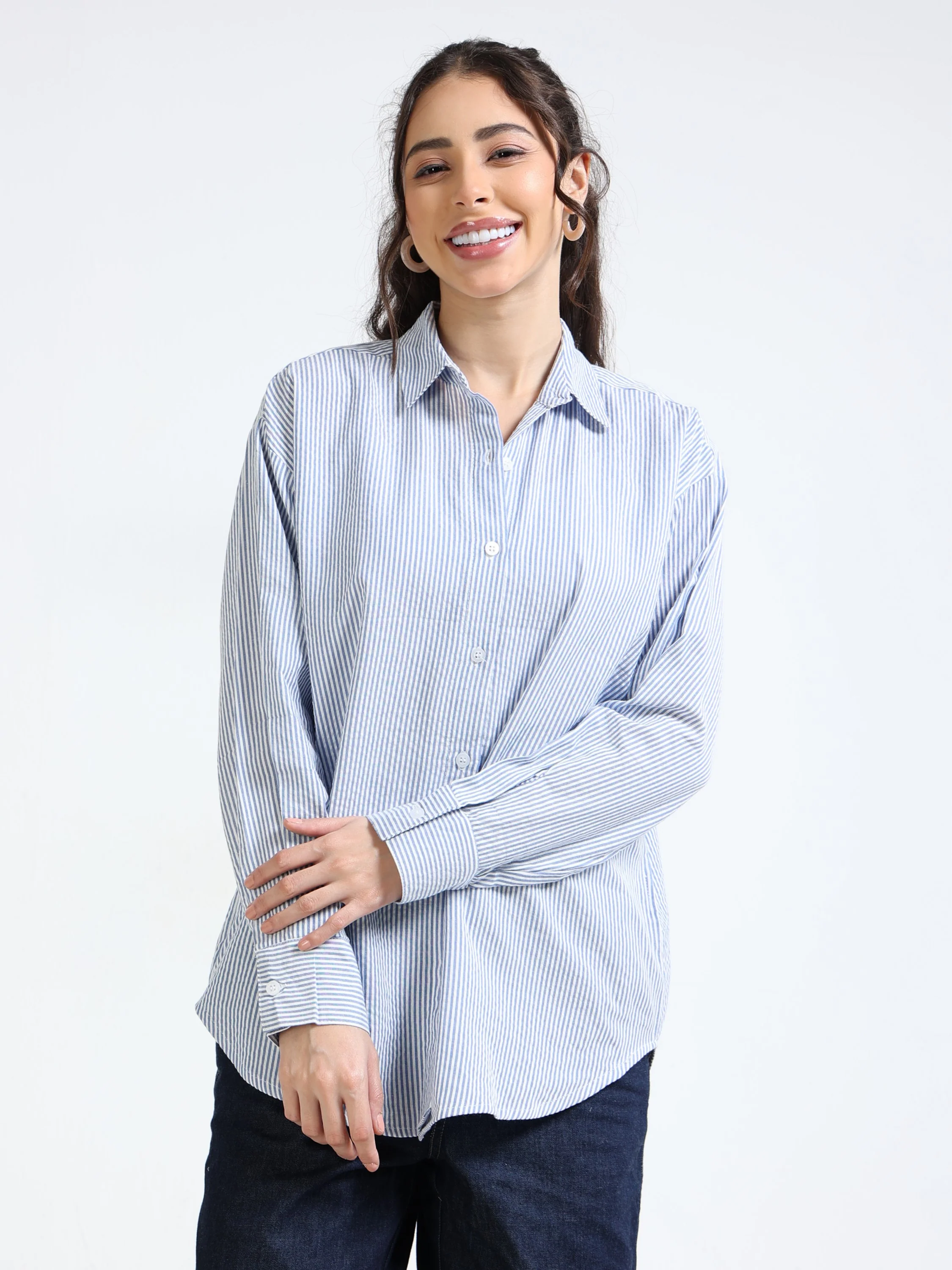 Women Blue See-Sucker Shirt - Image 5