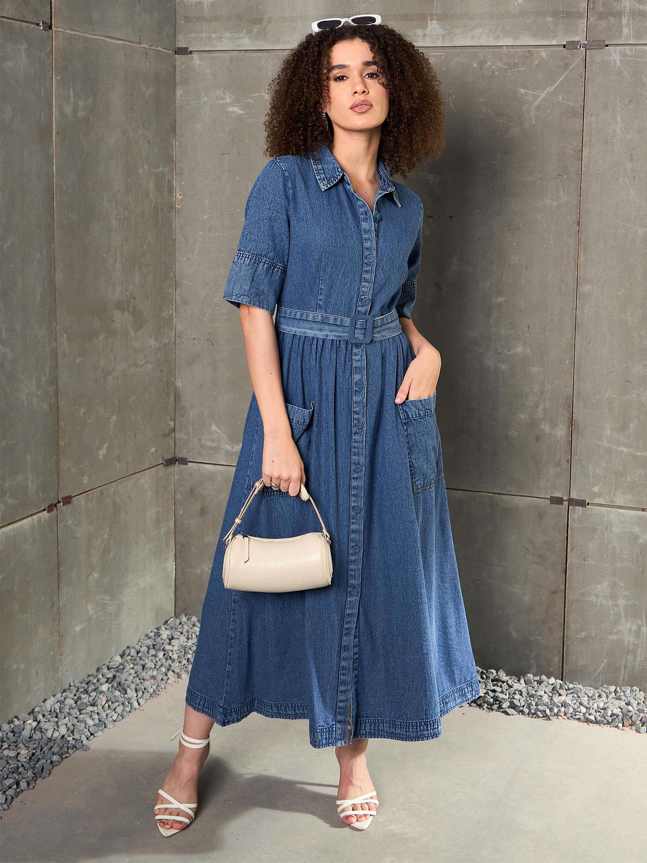 Women Blue Blast Denim Belted Maxi Dress - Image 2
