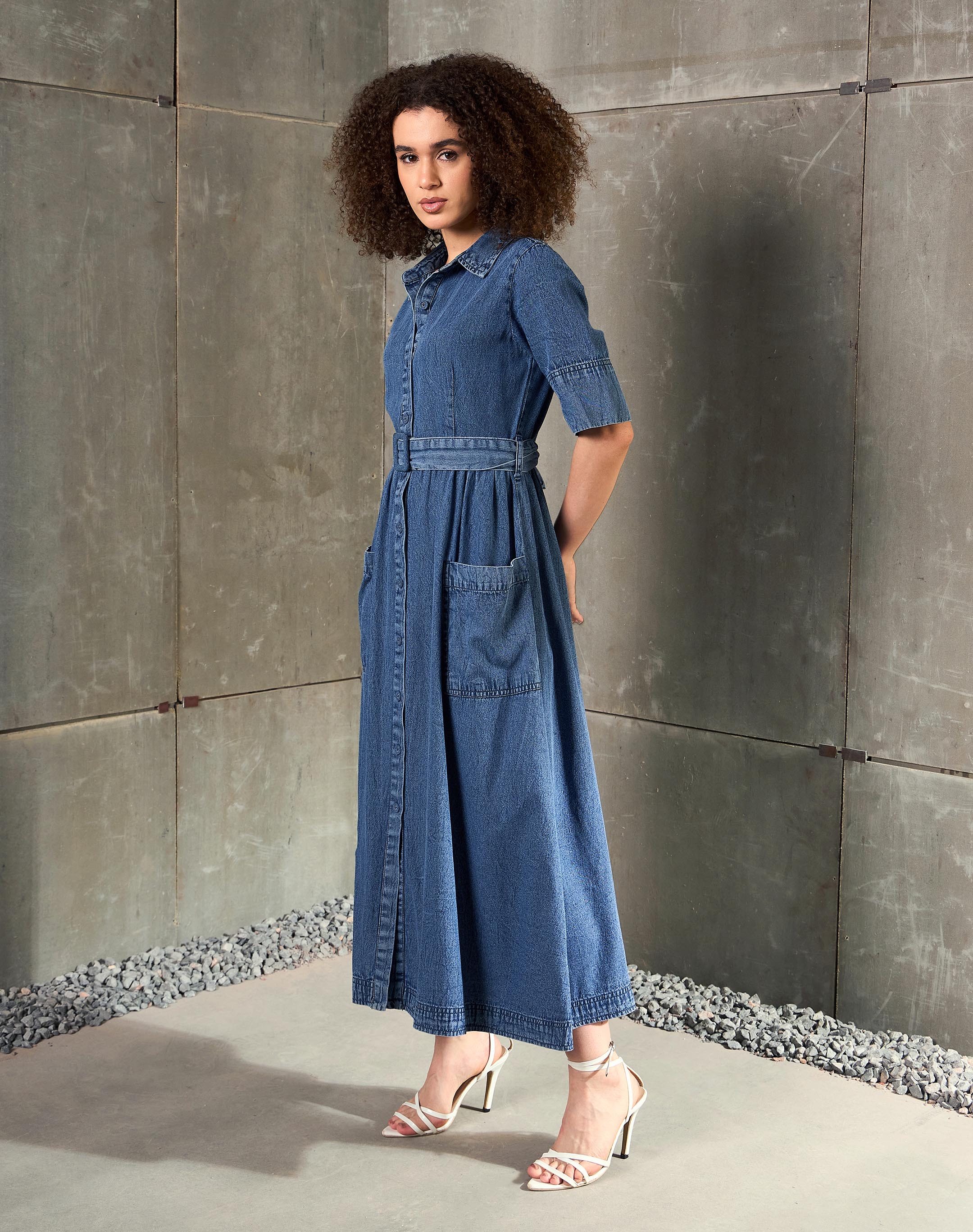 Women Blue Blast Denim Belted Maxi Dress - Image 3
