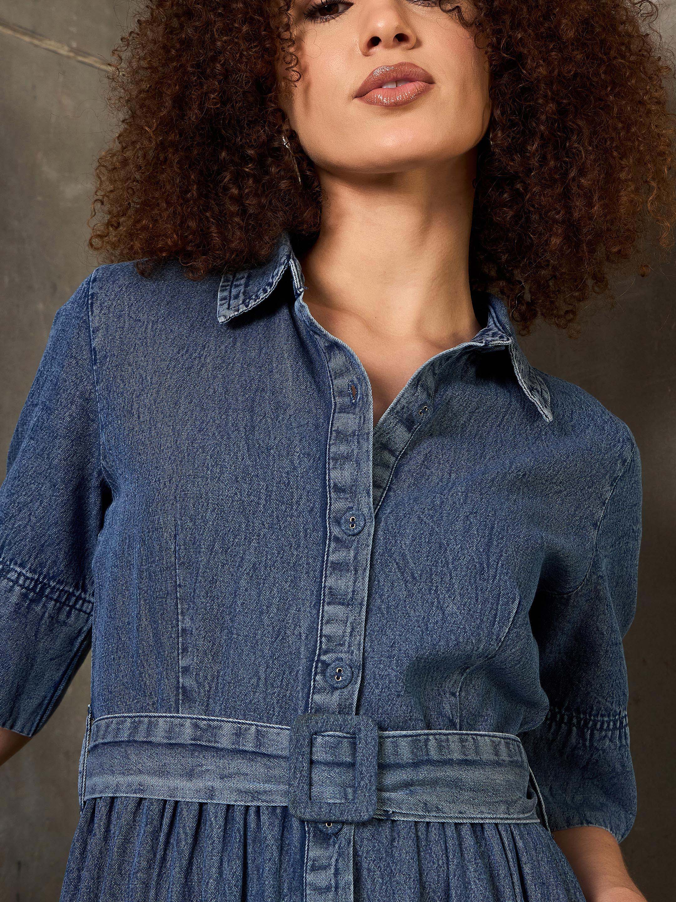 Women Blue Blast Denim Belted Maxi Dress - Image 4
