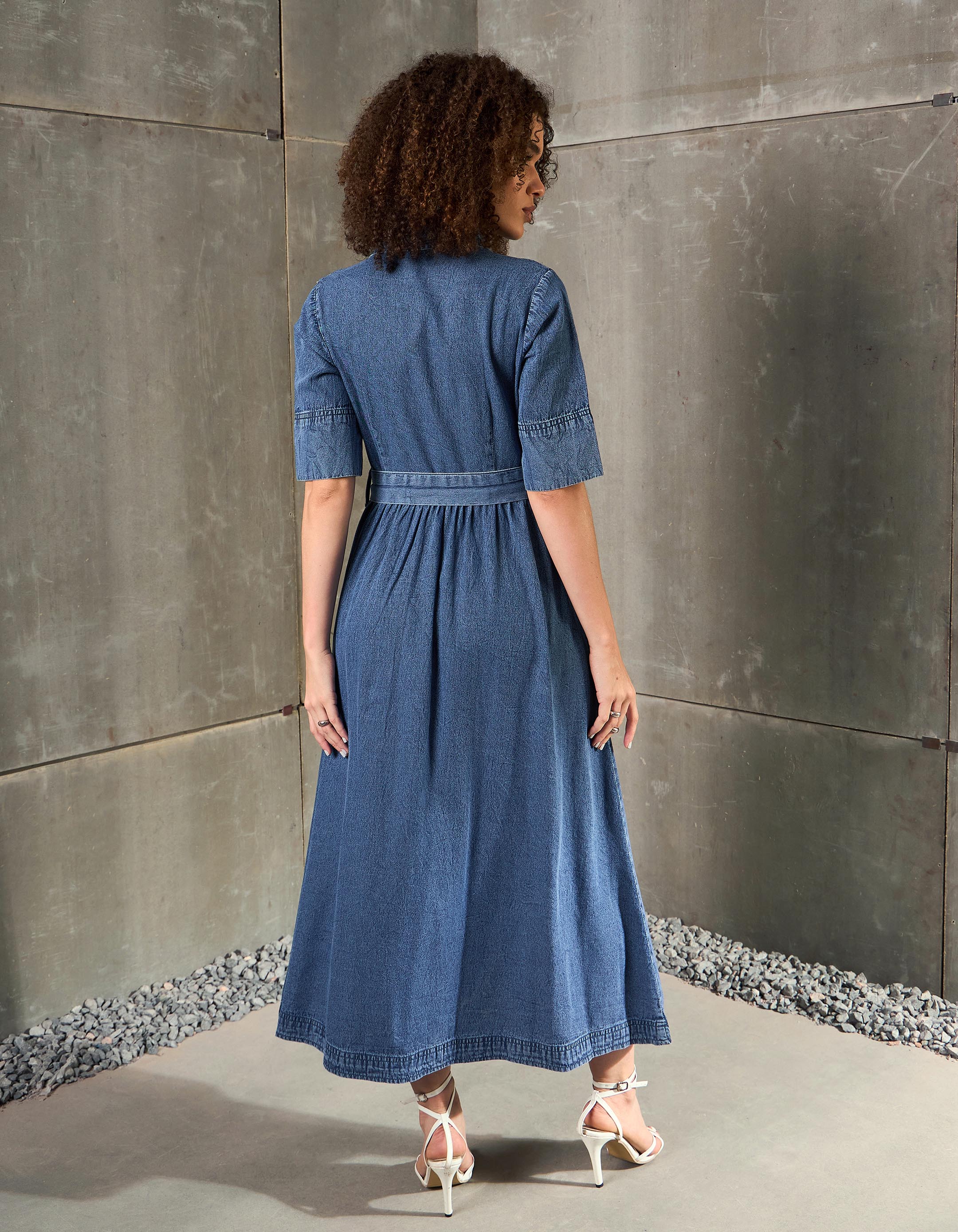 Women Blue Blast Denim Belted Maxi Dress - Image 5