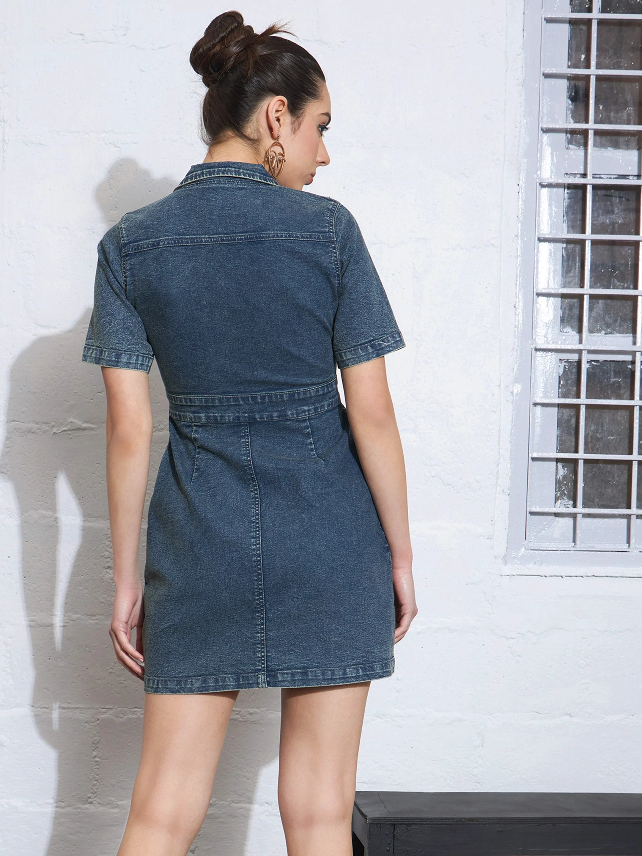 Women Blue Blast Denim Front Button Mini Dress - Image 2