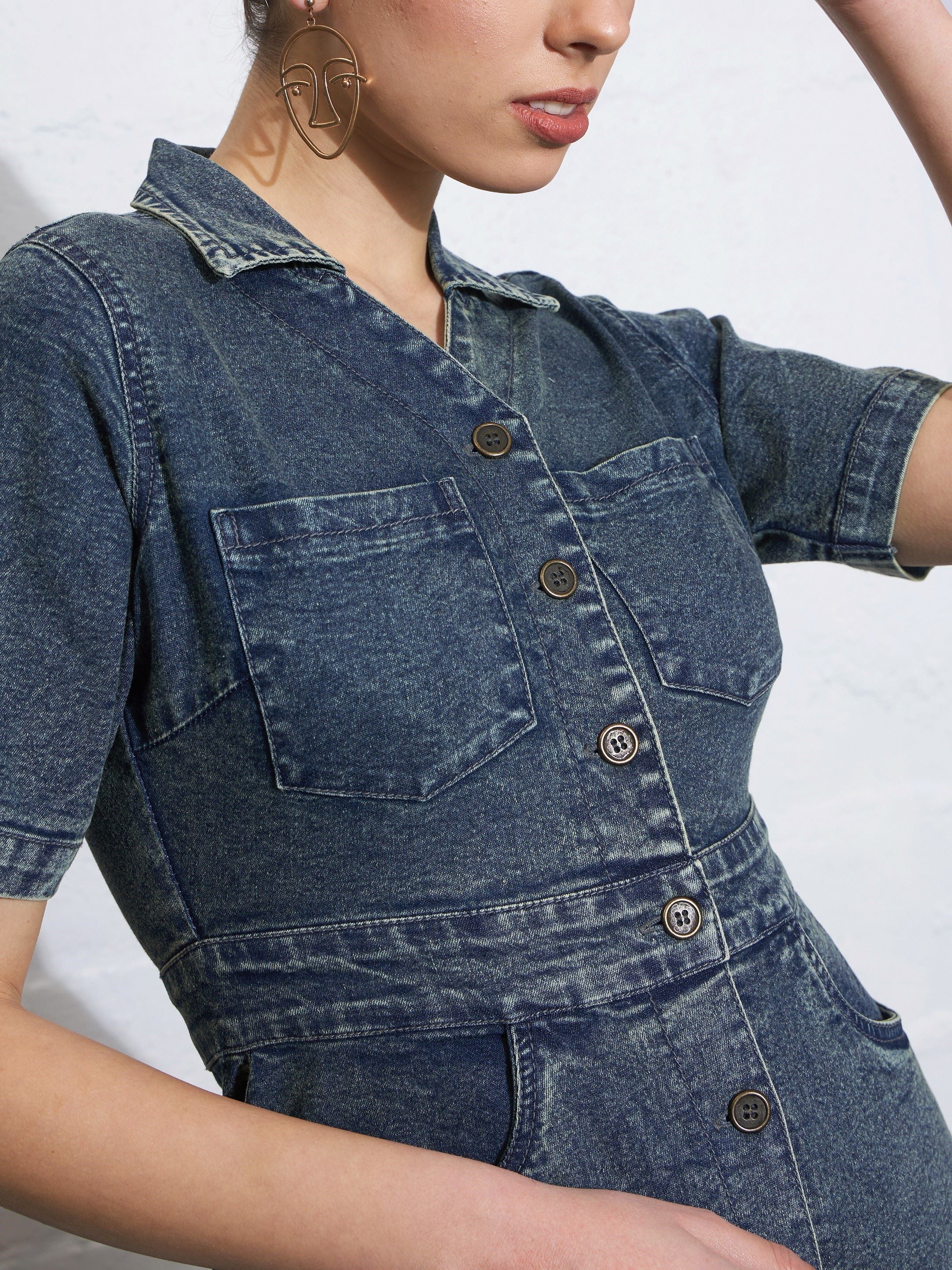 Women Blue Blast Denim Front Button Mini Dress - Image 3
