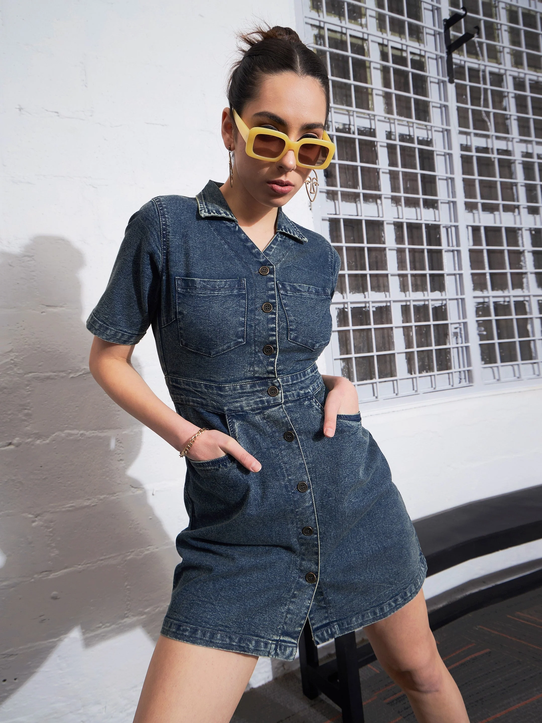 Women Blue Blast Denim Front Button Mini Dress - Image 5