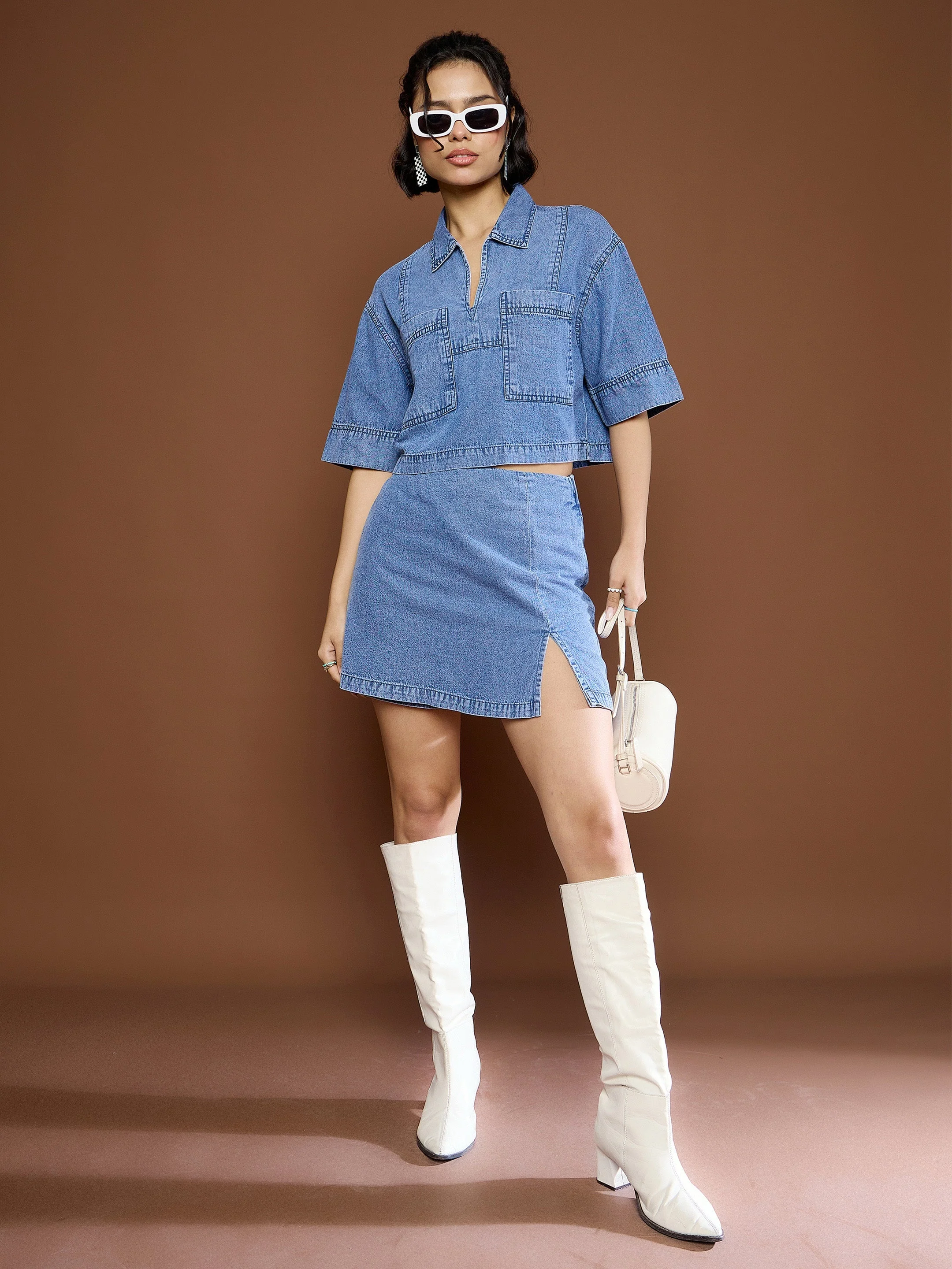 Women Blue Blast Denim Front Slit Skirts - Image 2
