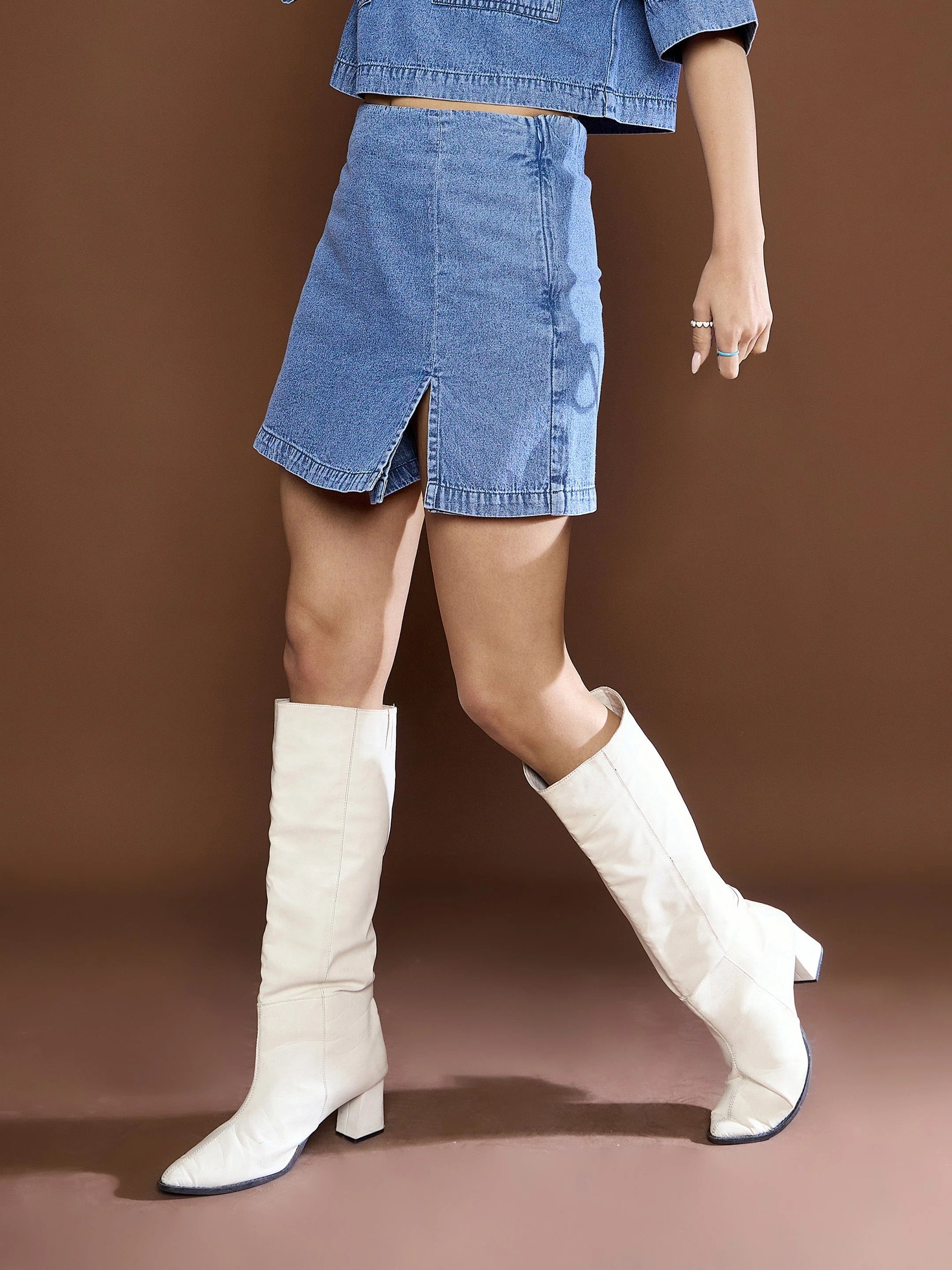 Women Blue Blast Denim Front Slit Skirts - Image 3