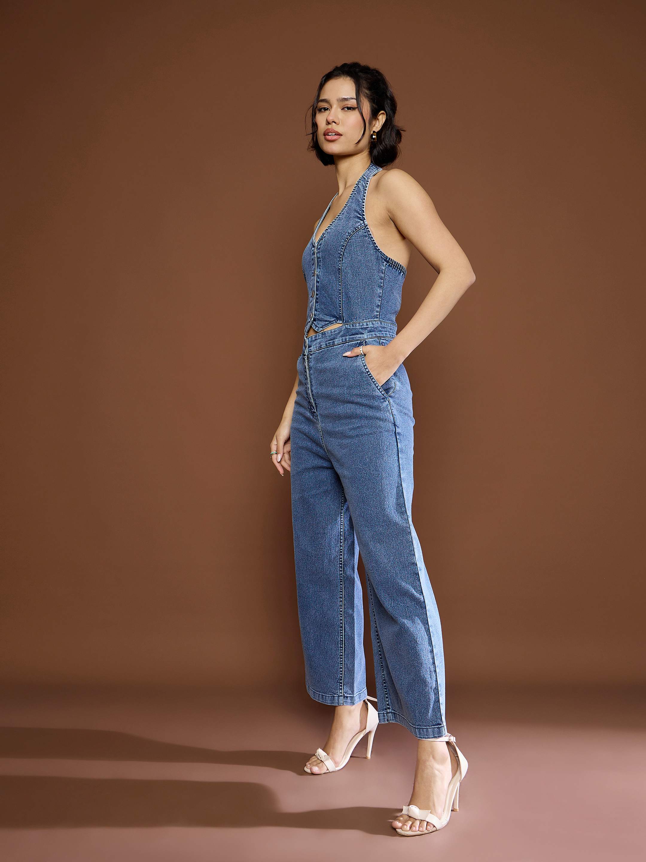 Women Blue Blast Denim Halter Neck Jumpsuit - Image 3