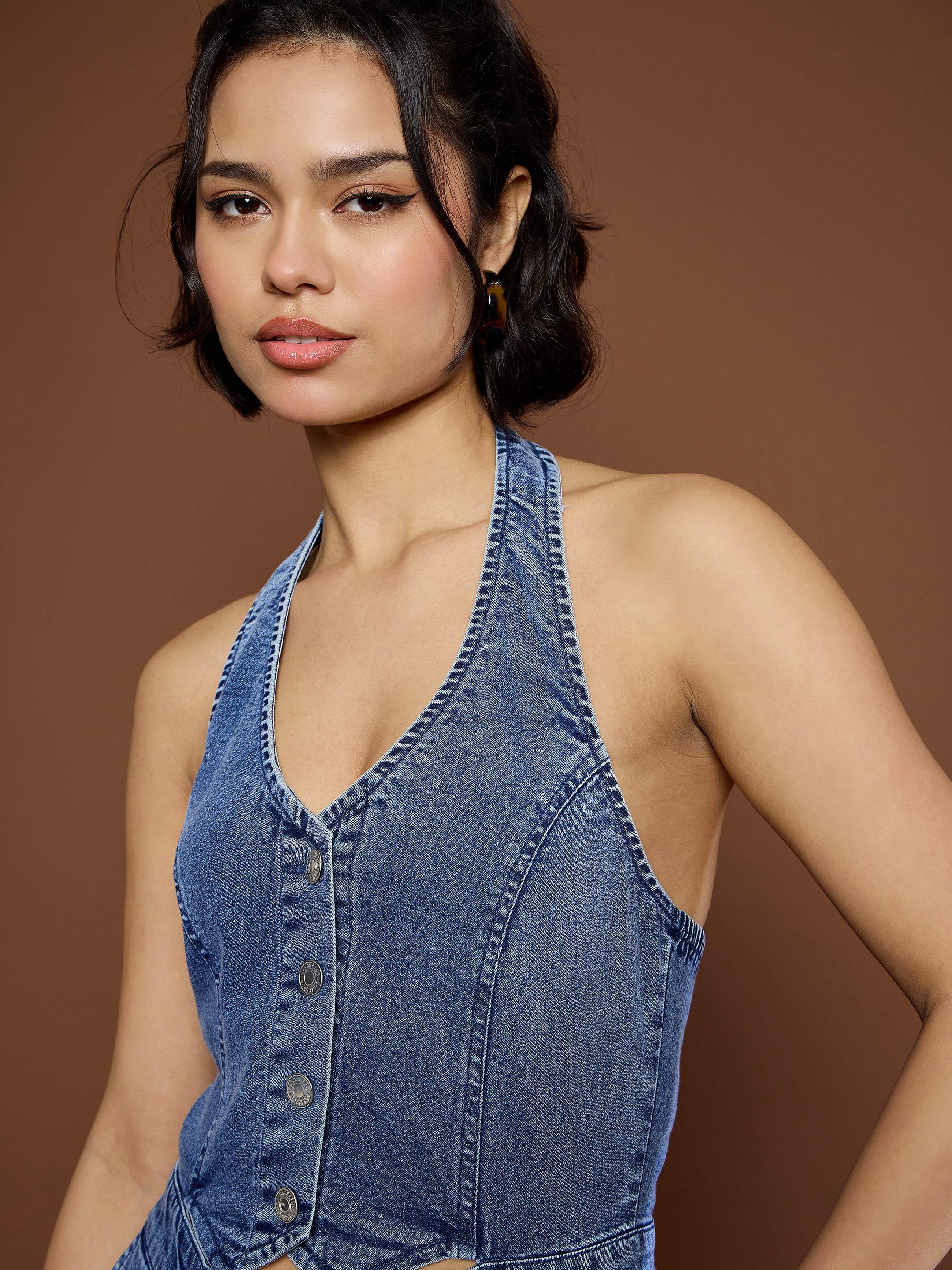 Women Blue Blast Denim Halter Neck Jumpsuit - Image 4