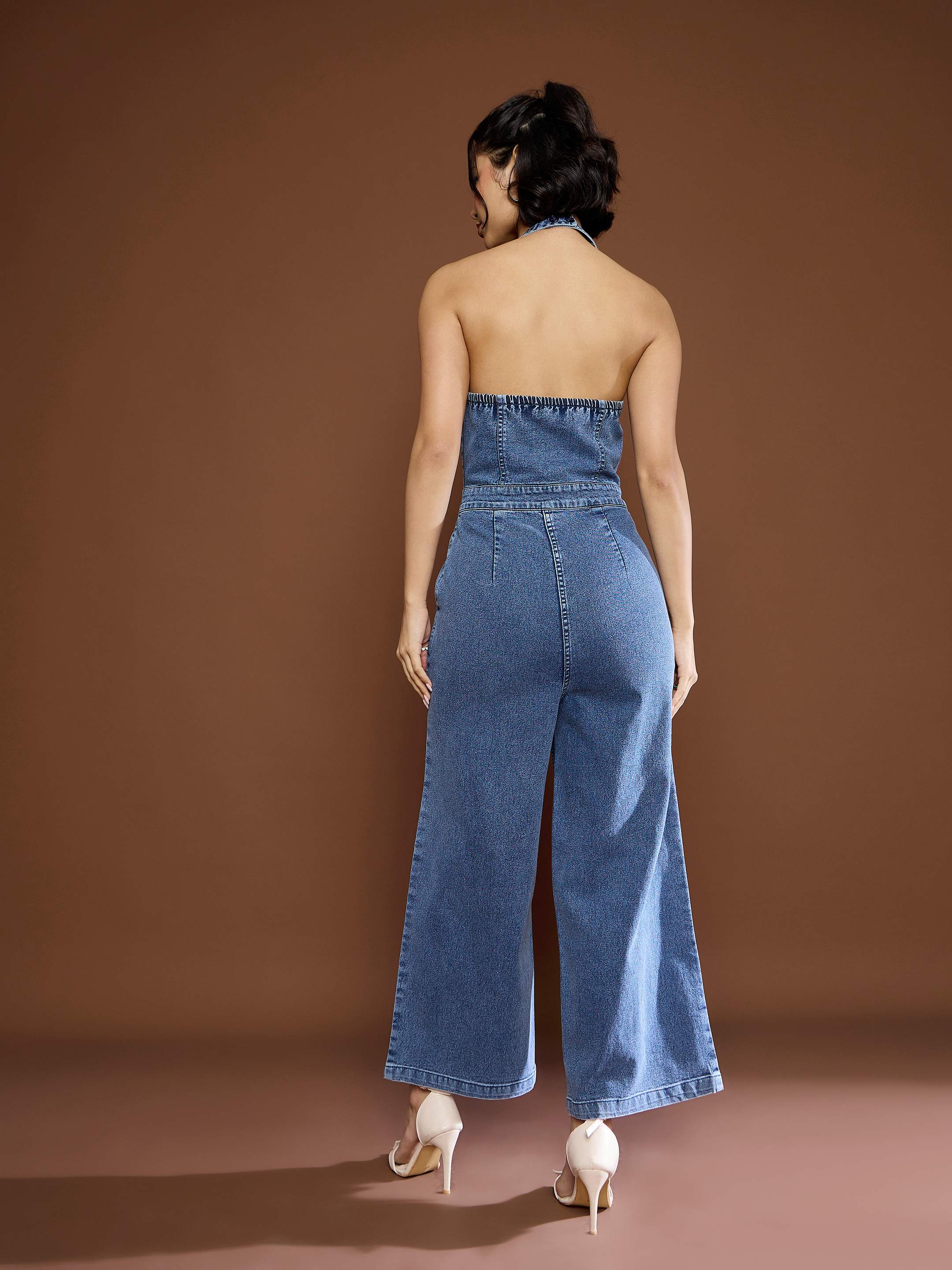 Women Blue Blast Denim Halter Neck Jumpsuit - Image 5