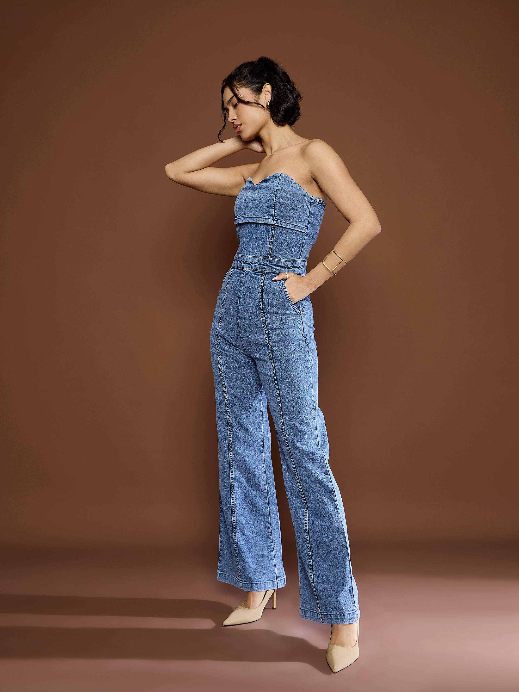Women Blue Blast Denim Off Shoulder Jumpsuit - Image 3