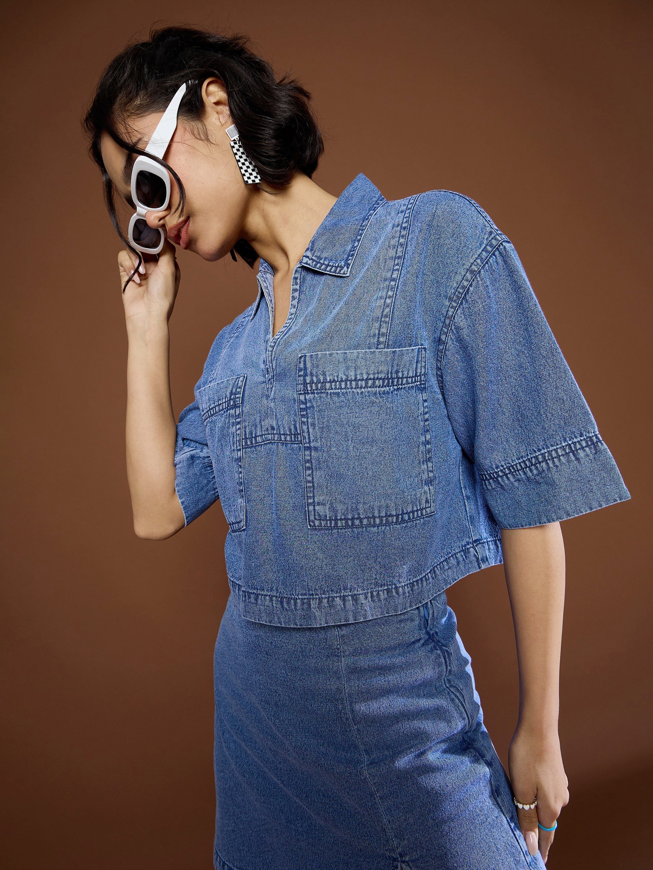 Women Blue Blast Denim Patch Pocket Crop Top - Image 3