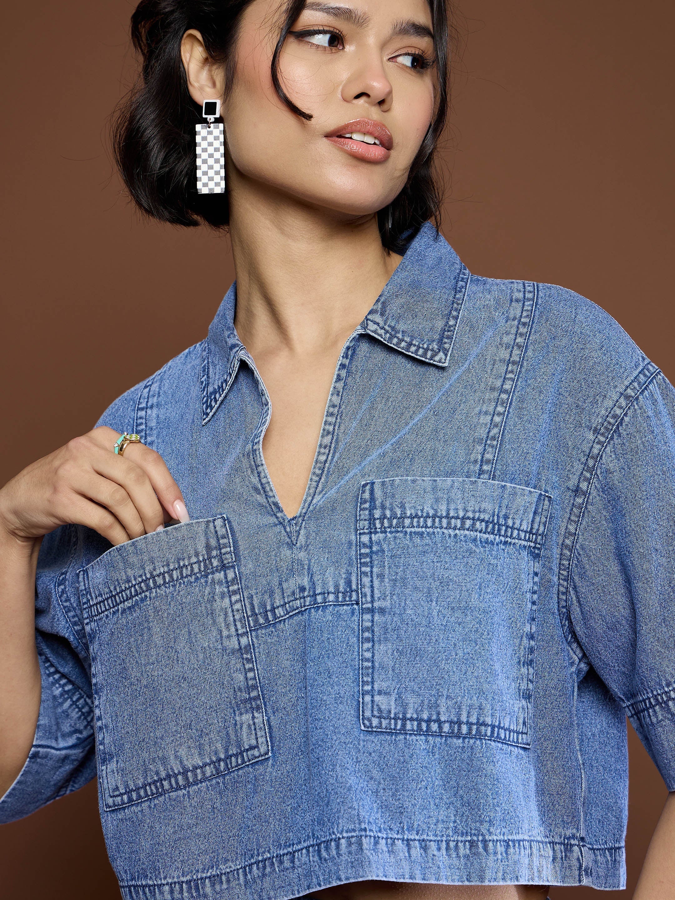 Women Blue Blast Denim Patch Pocket Crop Top - Image 4