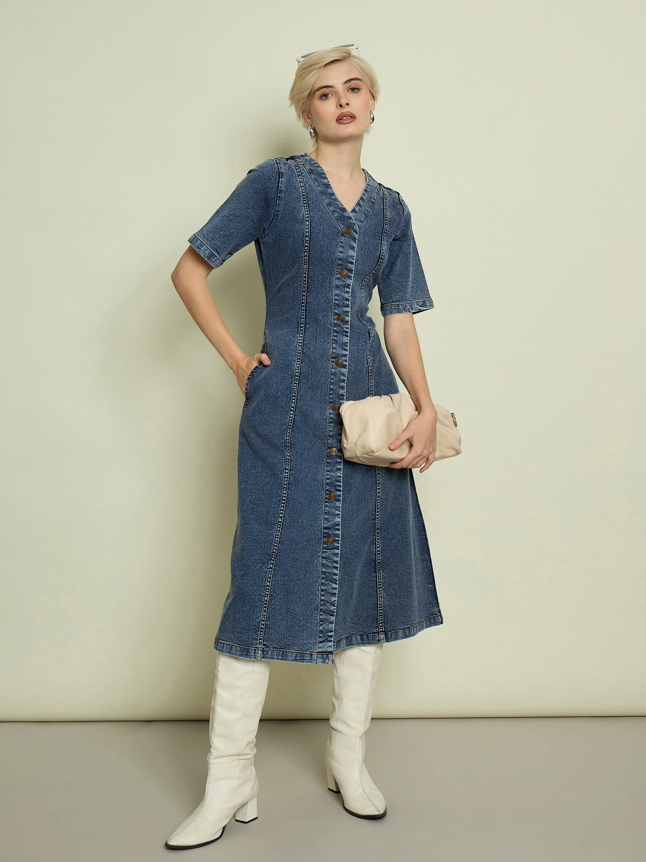 Women Blue Blast Denim V Neck Midi Dress - Image 2