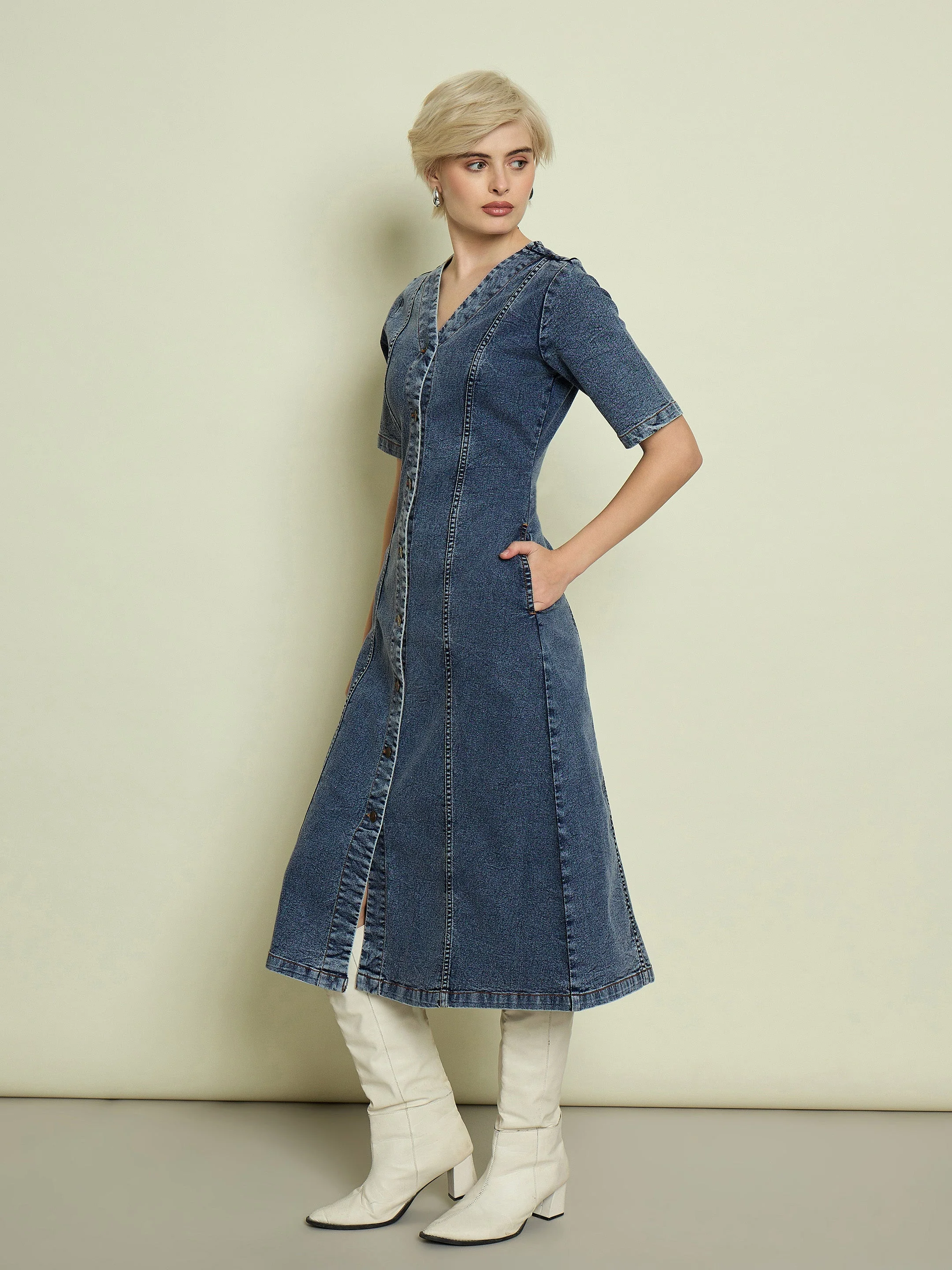 Women Blue Blast Denim V Neck Midi Dress - Image 3
