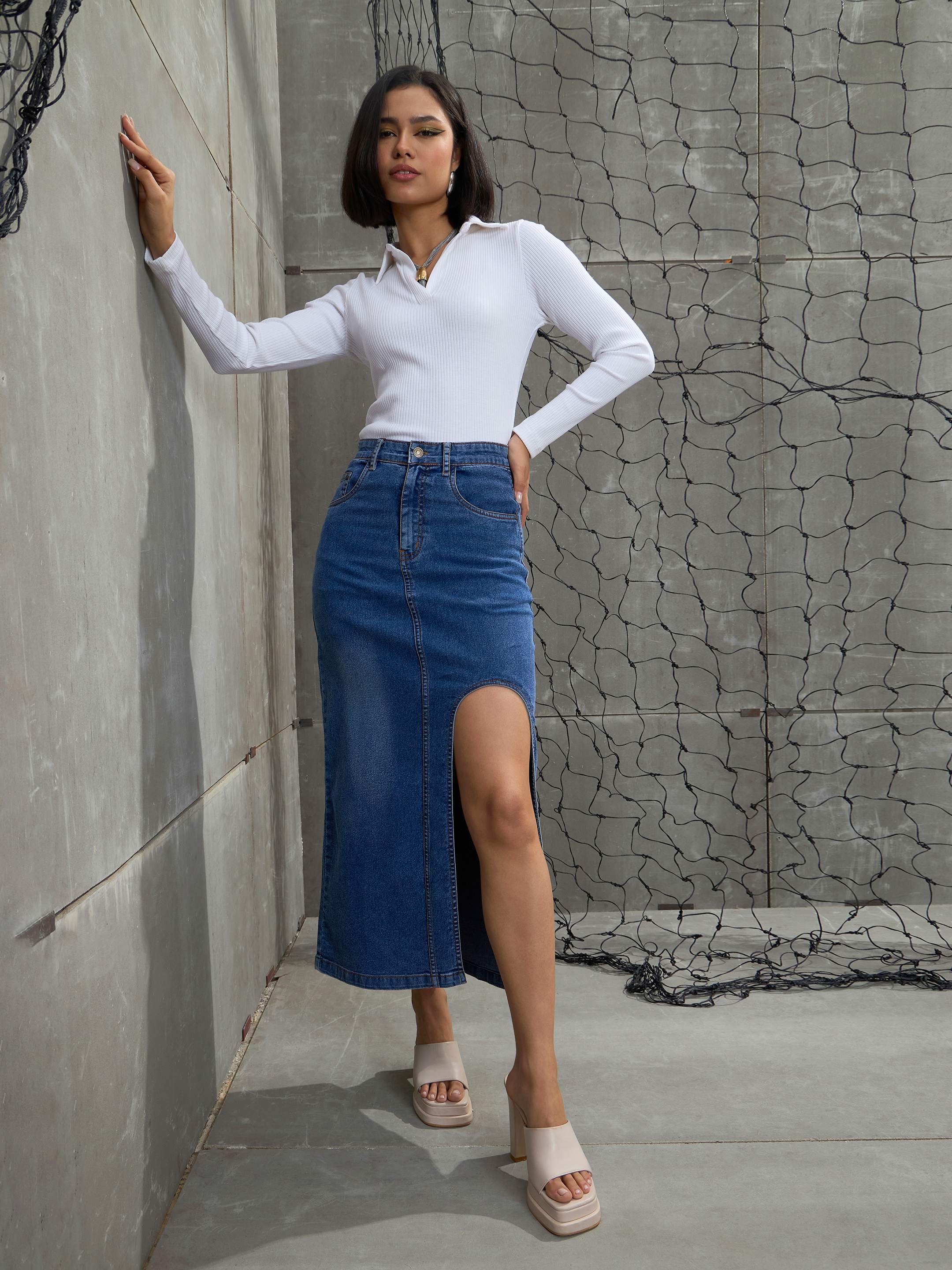Women Blue Blast Front Slit Maxi Skirt - Image 2