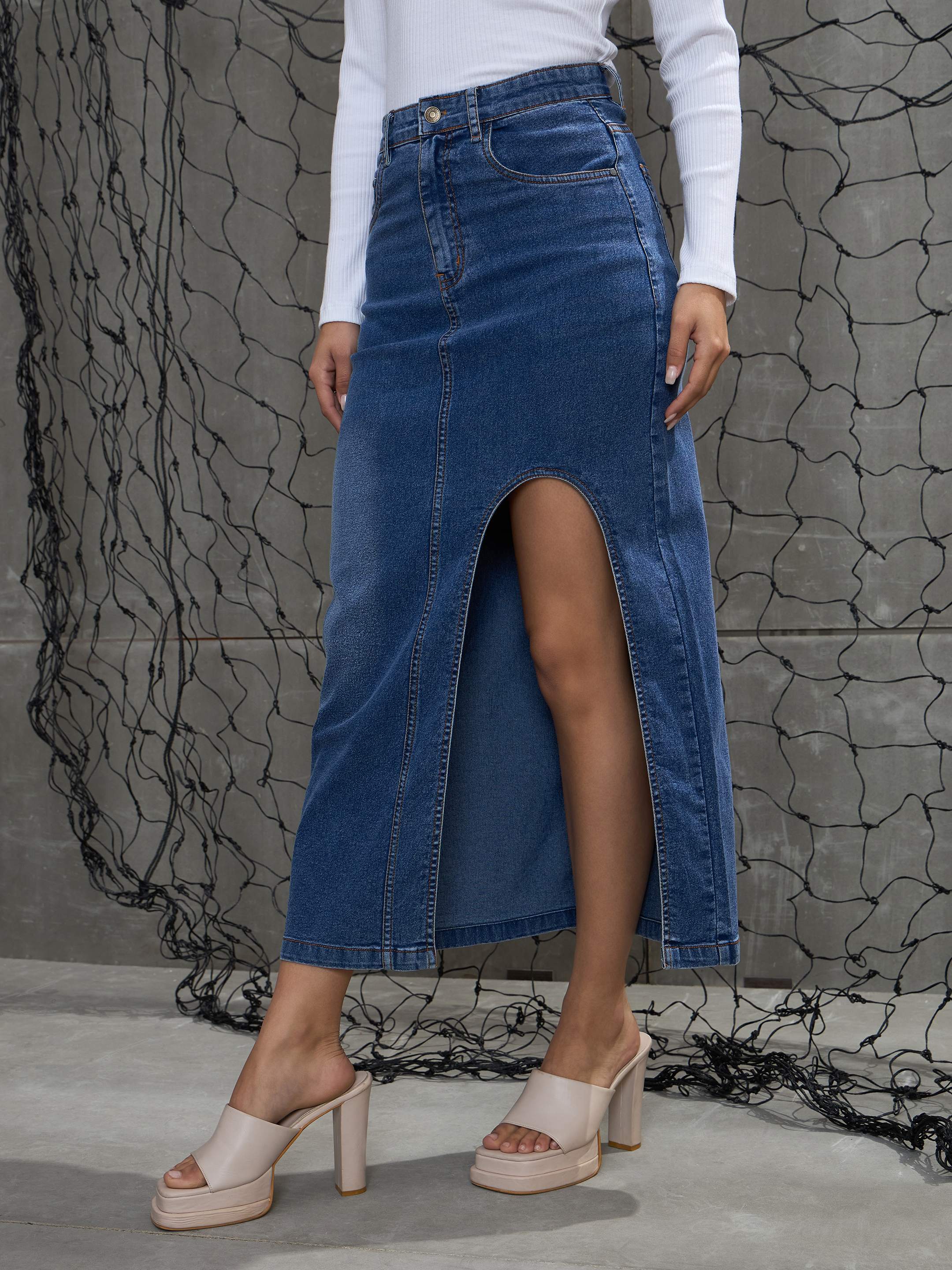 Women Blue Blast Front Slit Maxi Skirt - Image 3