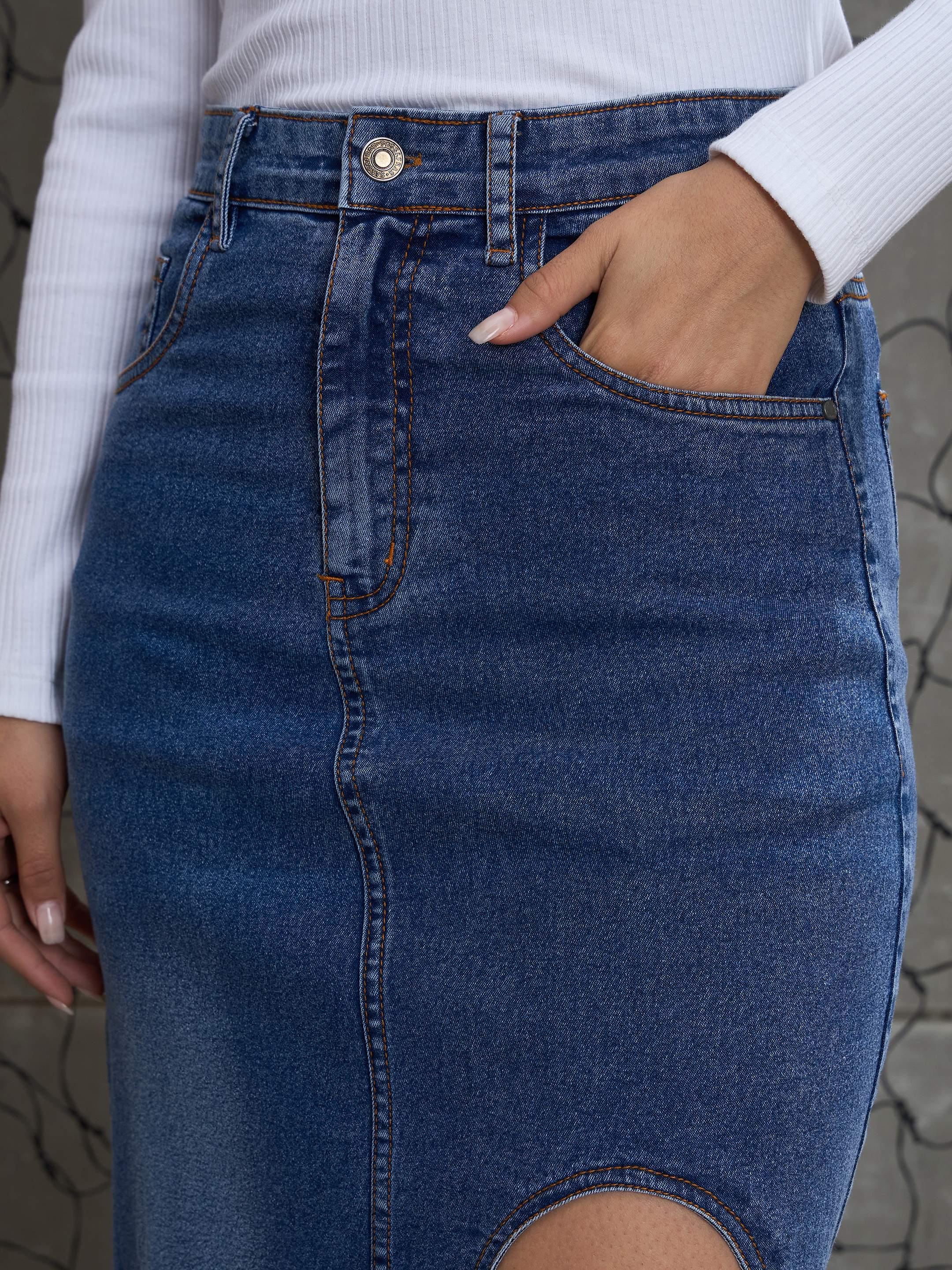 Women Blue Blast Front Slit Maxi Skirt - Image 4