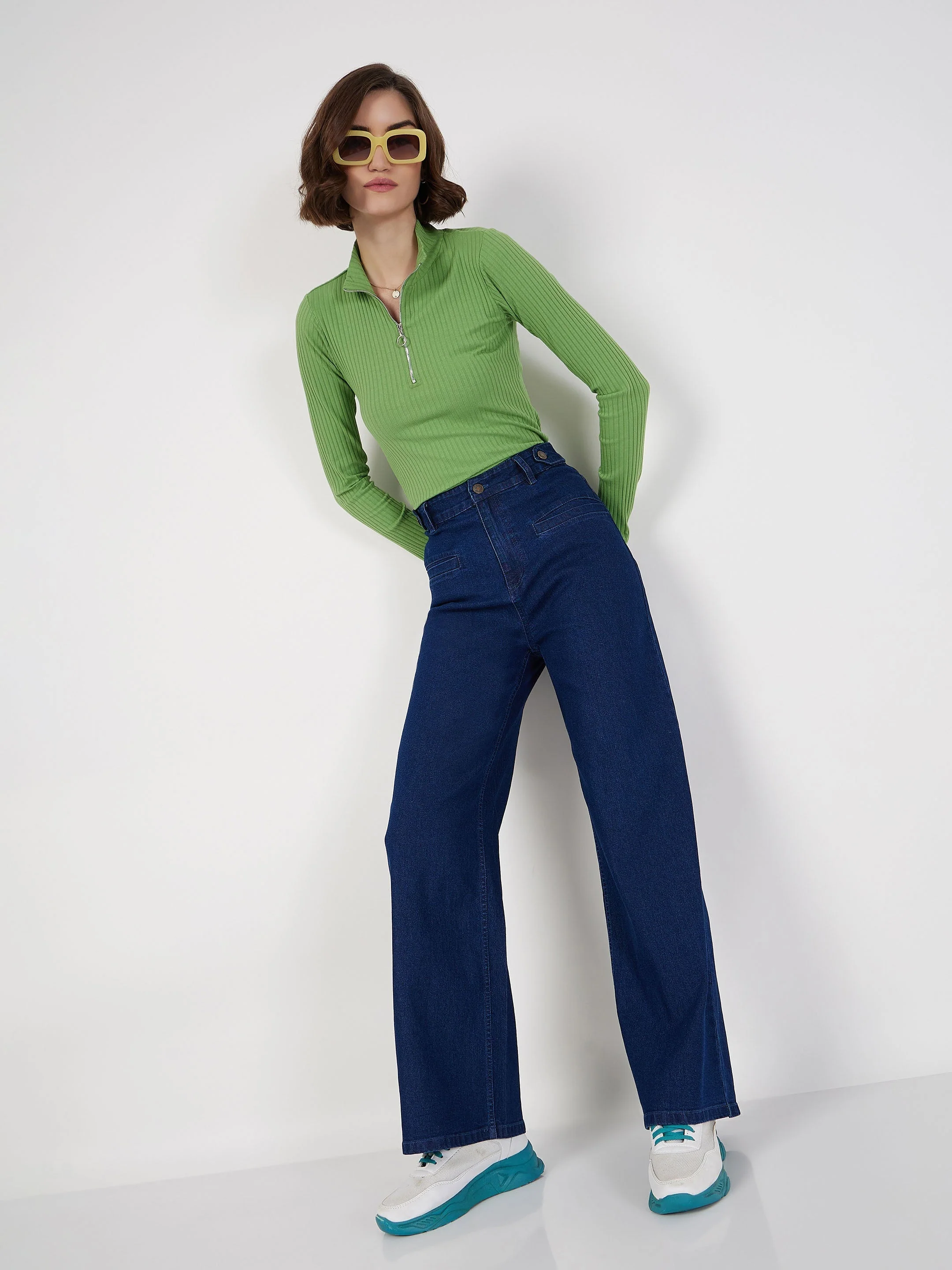 Women Blue Bone Pocket Straight Jeans - Image 2