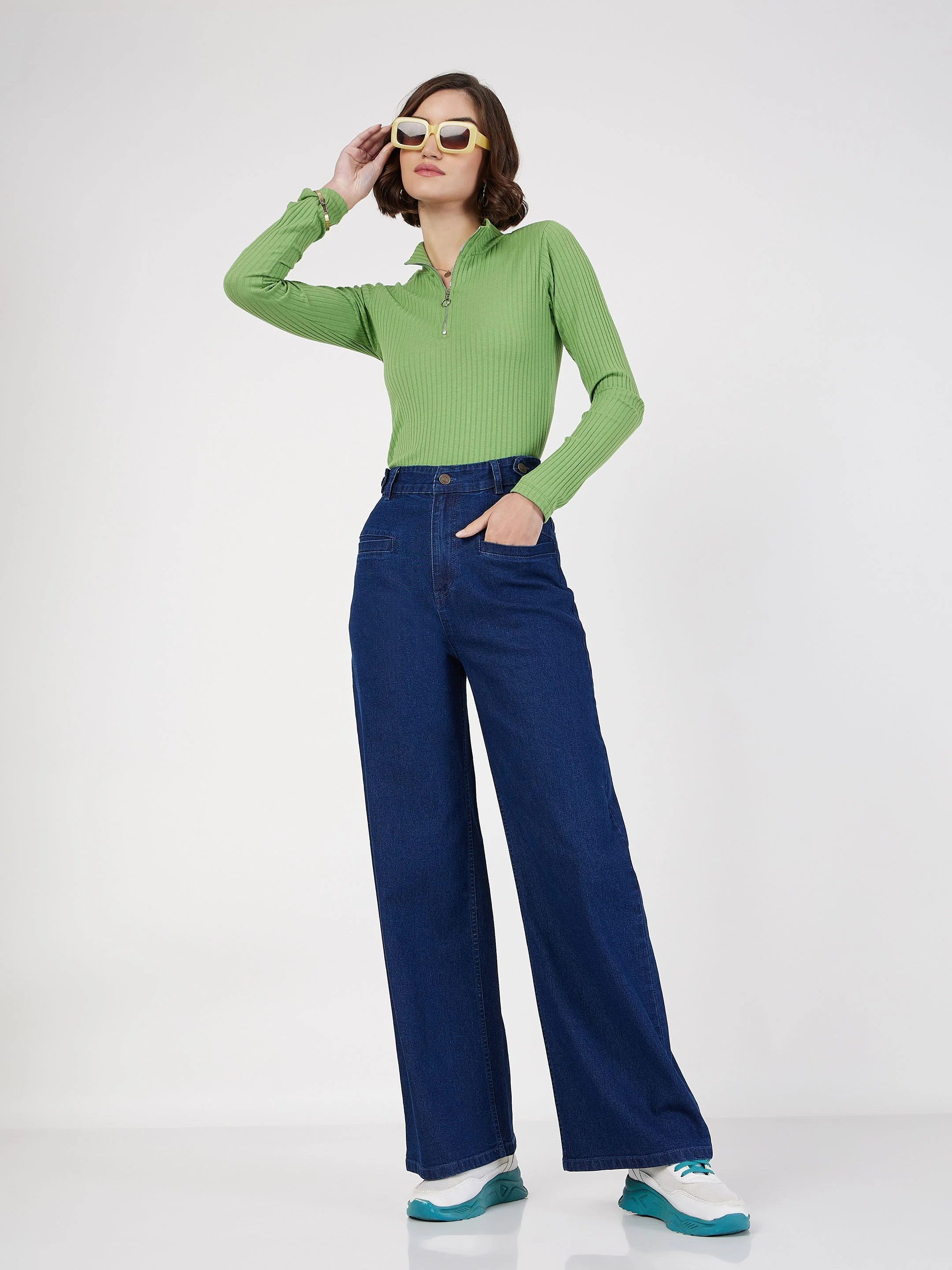 Women Blue Bone Pocket Straight Jeans - Image 6