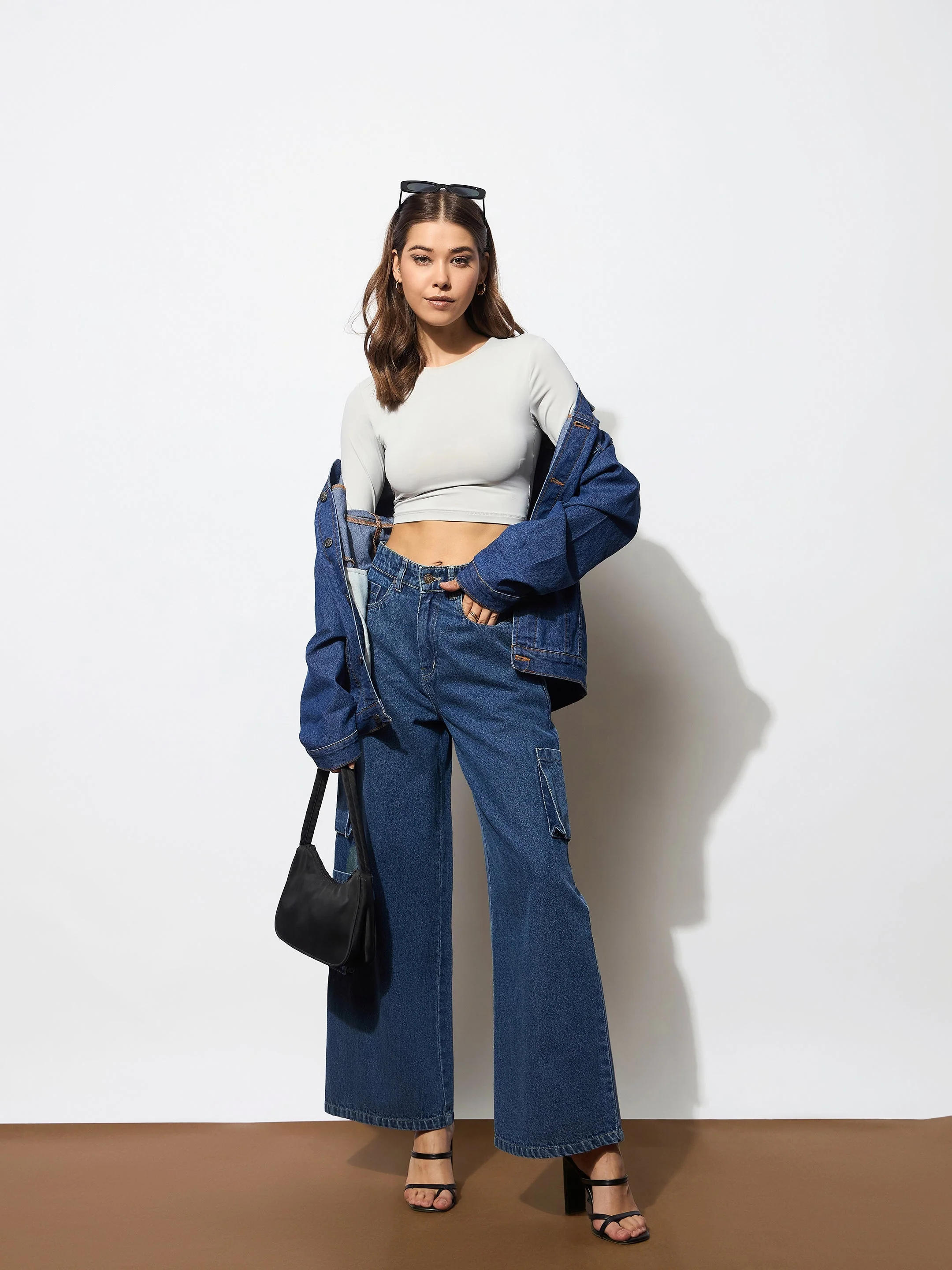 Women Blue Box Pocket Straight Cargo Jeans - Image 2