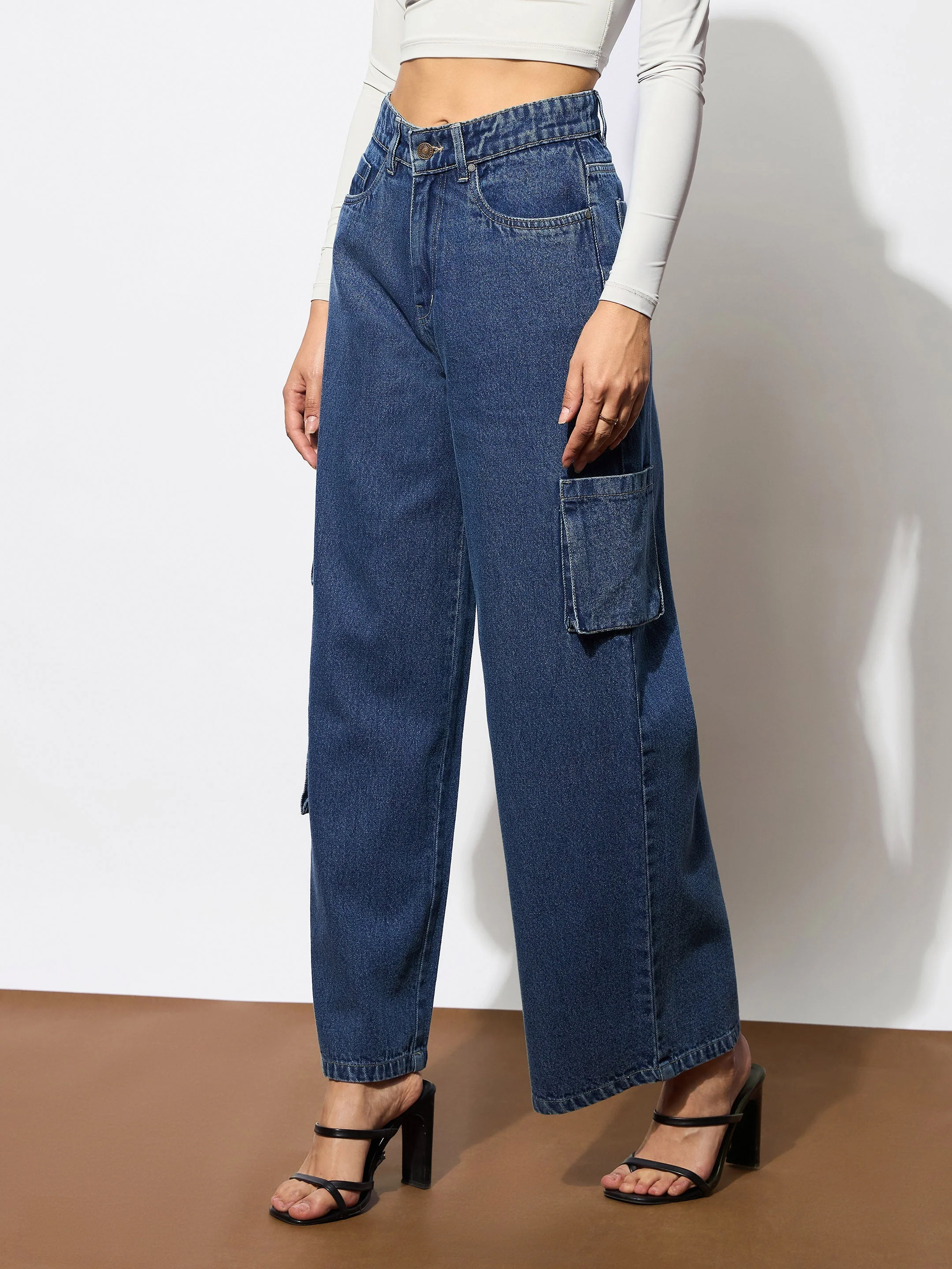 Women Blue Box Pocket Straight Cargo Jeans - Image 3