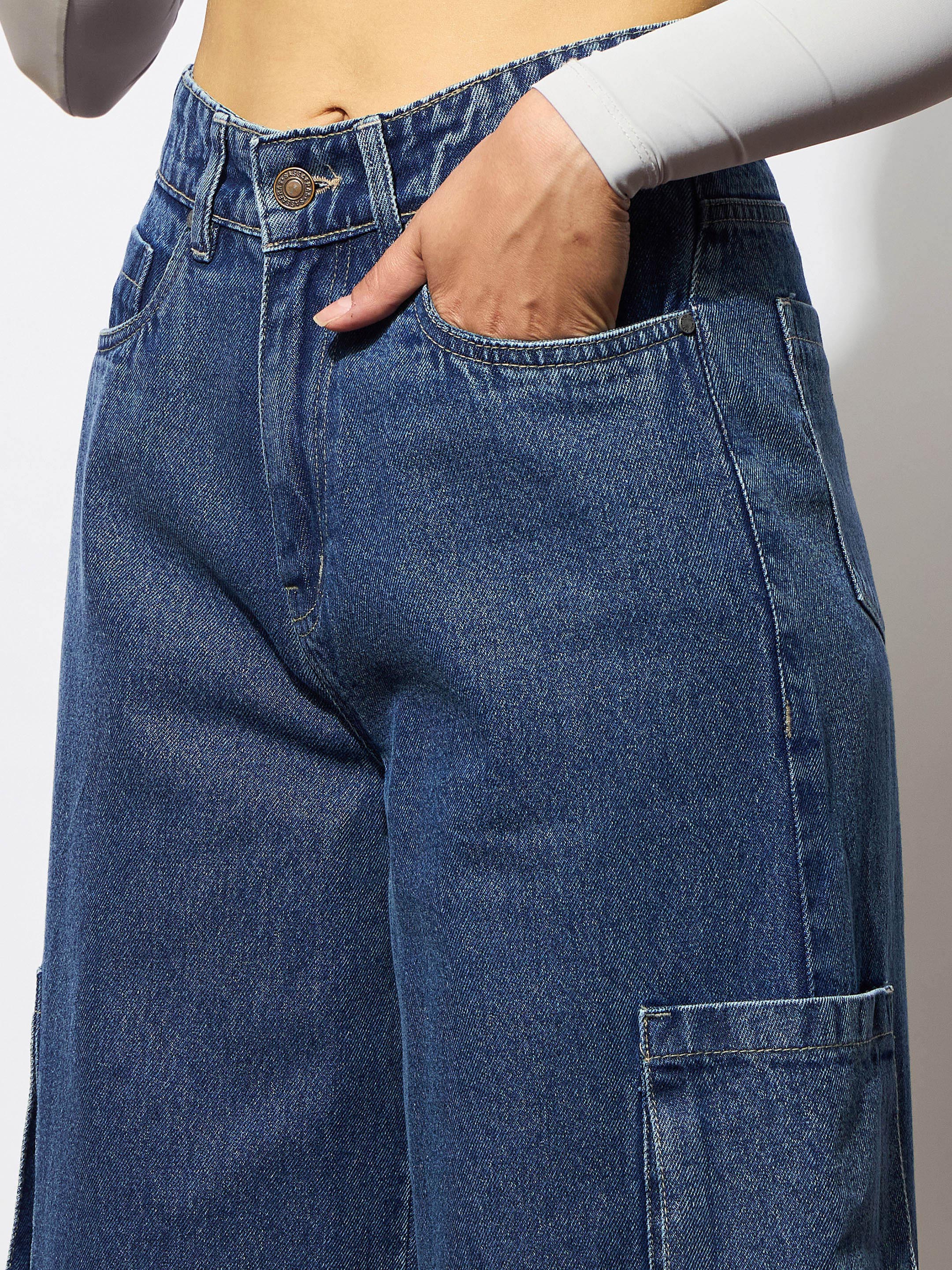 Women Blue Box Pocket Straight Cargo Jeans - Image 4