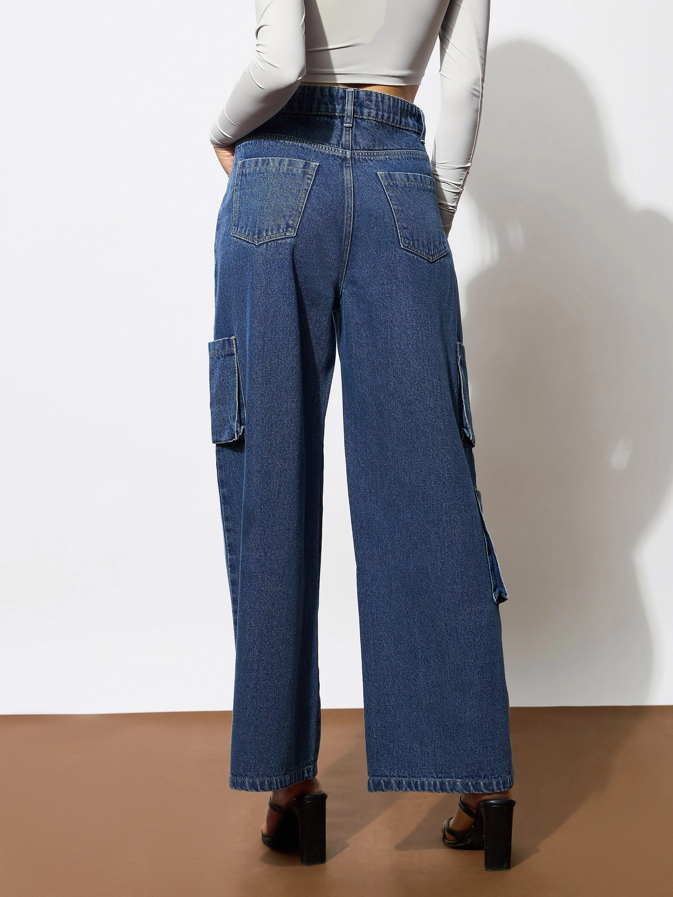 Women Blue Box Pocket Straight Cargo Jeans - Image 5