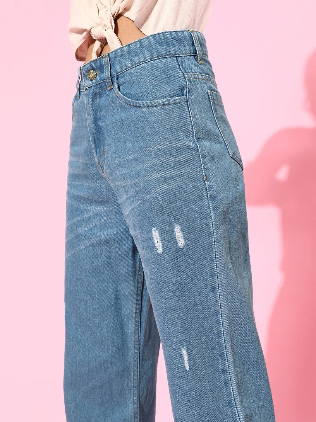 Women Blue Button-Hem Slouchy Jeans - Image 4