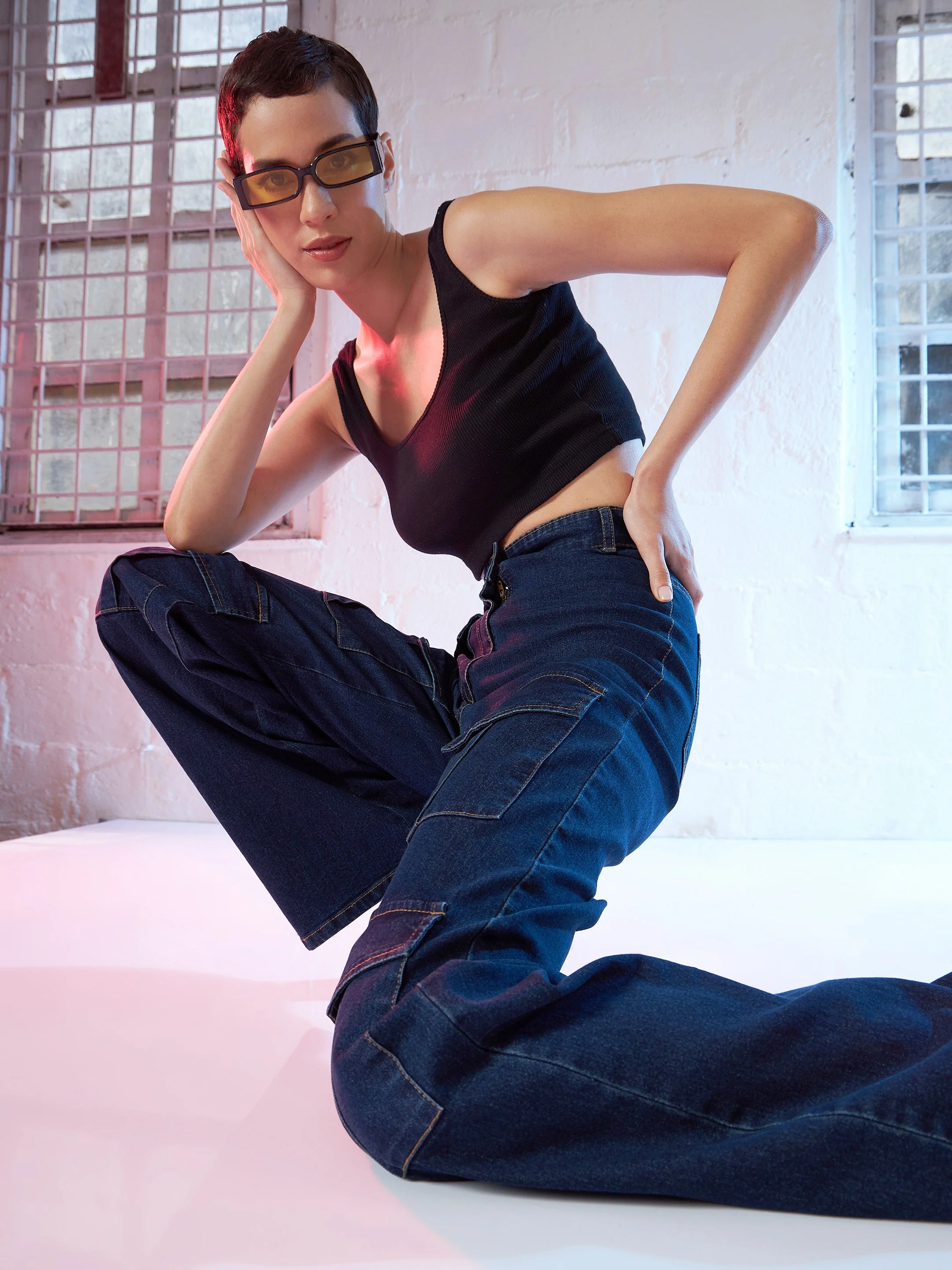 Women Blue Cargo Straight Jeans - Image 2