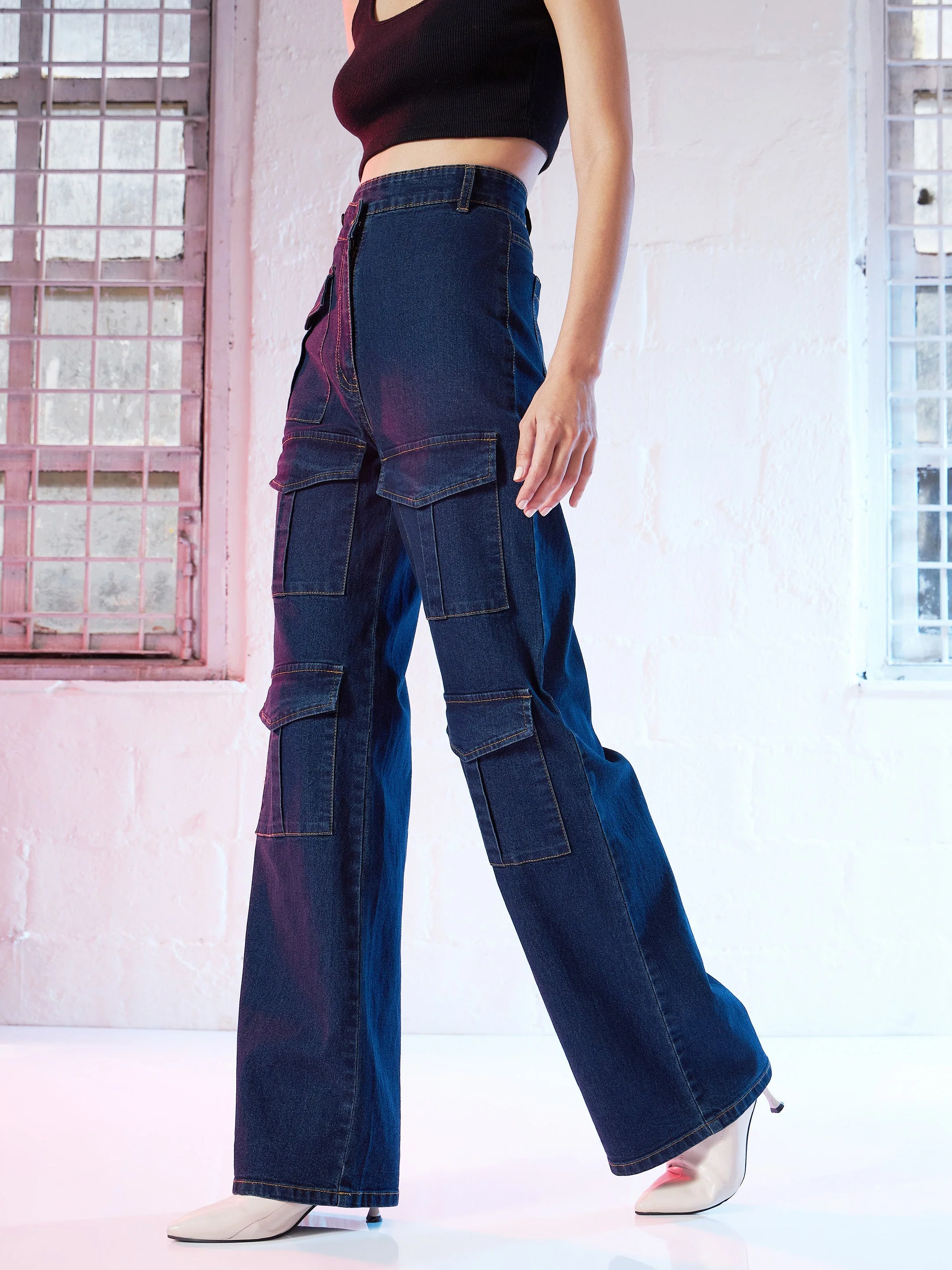 Women Blue Cargo Straight Jeans - Image 3