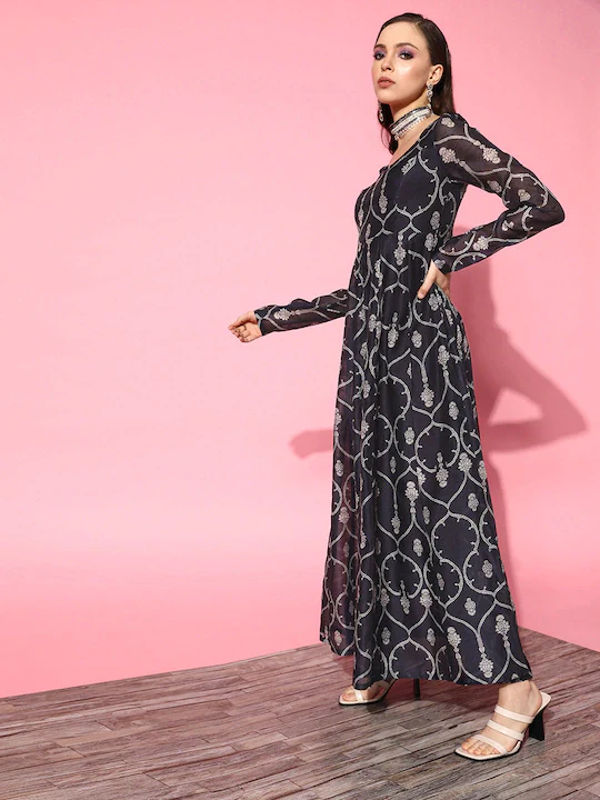 Women Blue Chanderi Mughal Floral Anarkali Maxi Dress - Image 2