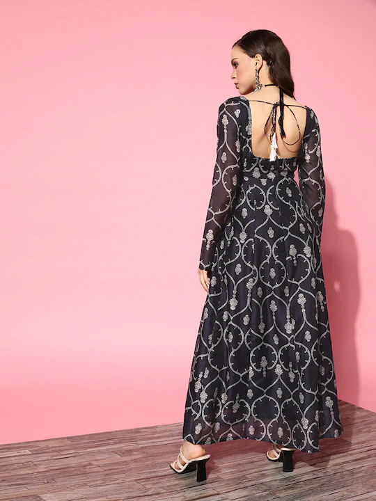 Women Blue Chanderi Mughal Floral Anarkali Maxi Dress - Image 4