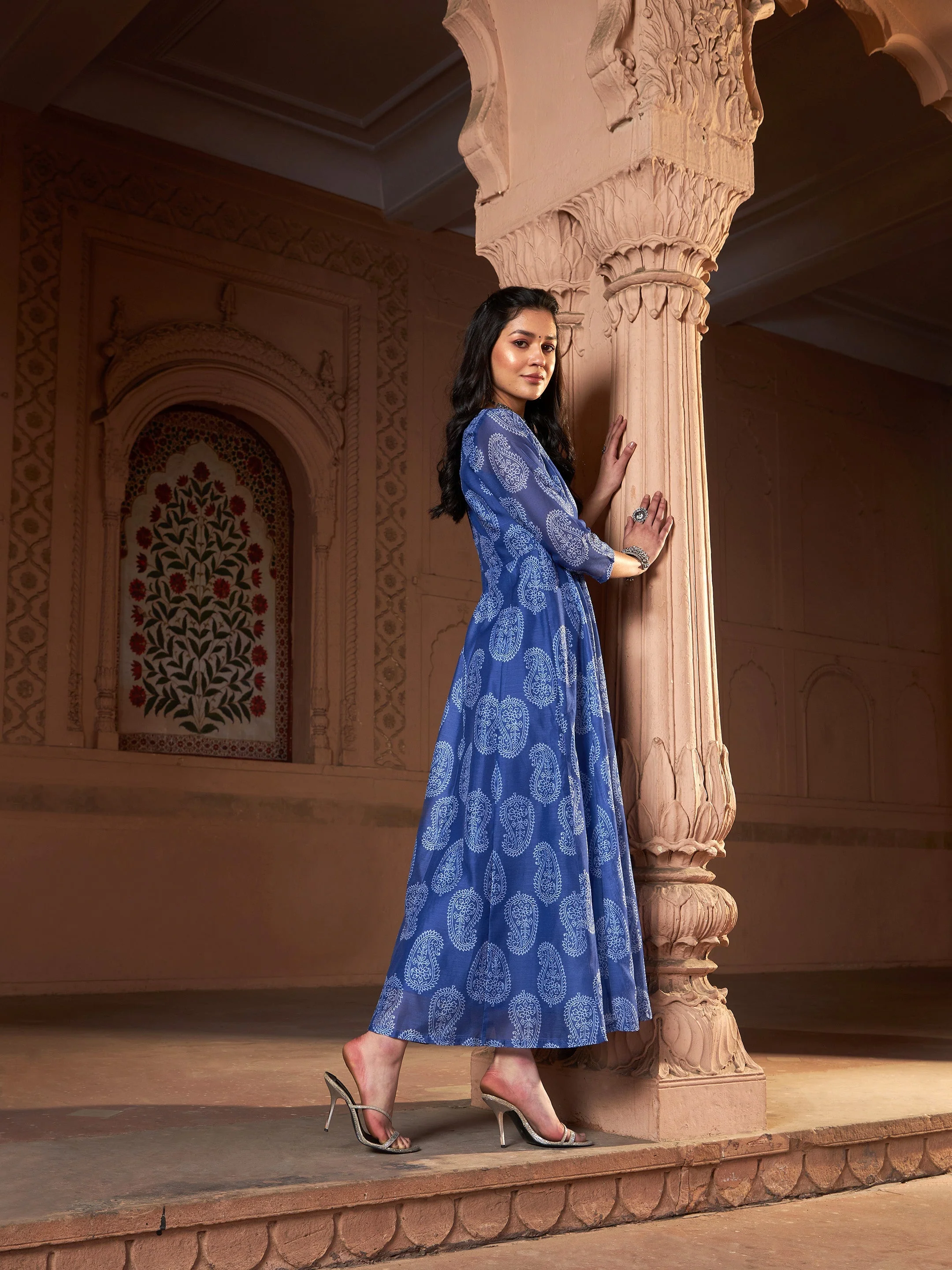 Women Blue Chanderi Paisley Long Anarkali Kurta - Image 3