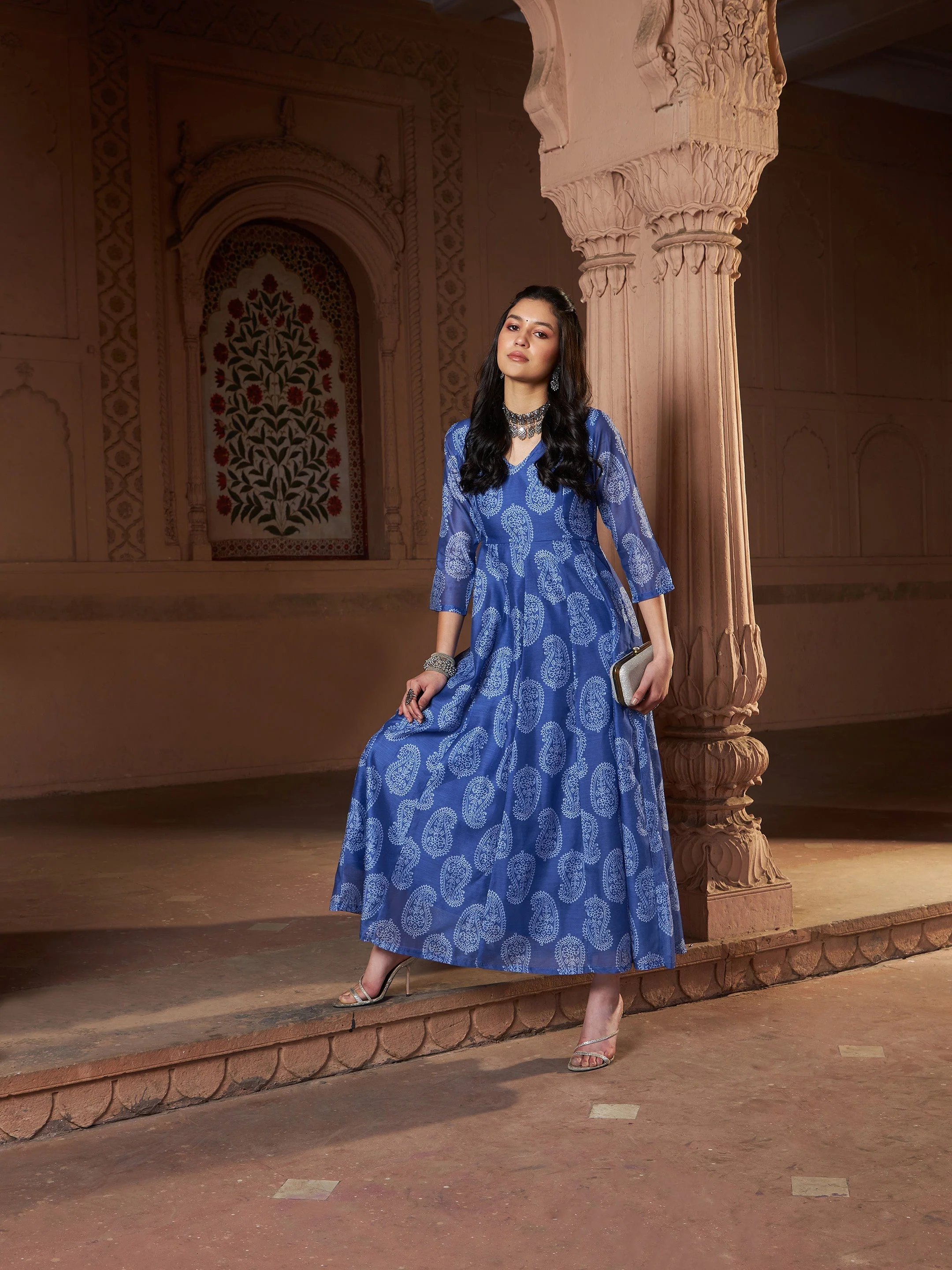 Women Blue Chanderi Paisley Long Anarkali Kurta - Image 6