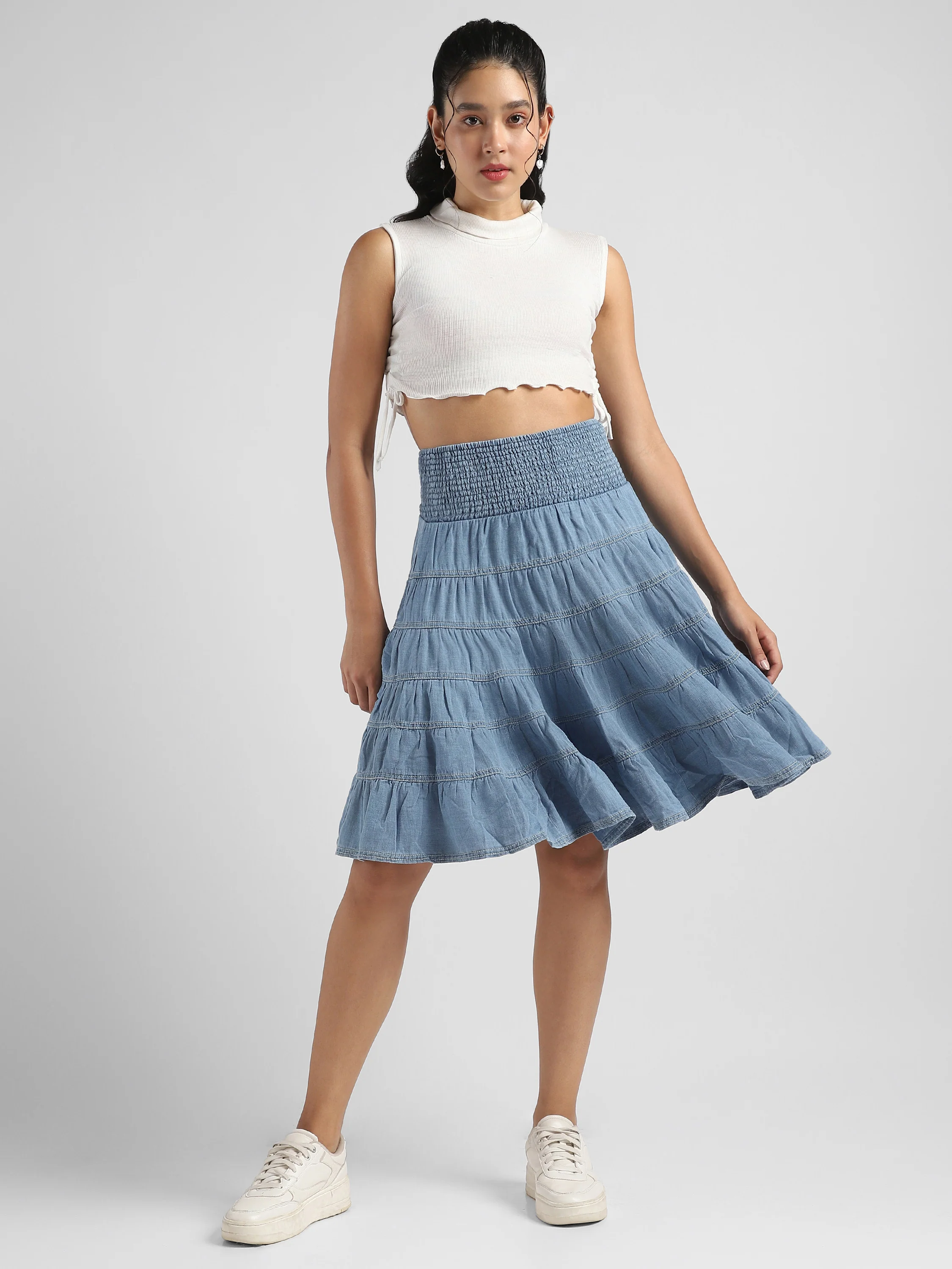 Women Denim Tiered Skirt with Smocked Waist - Image 2