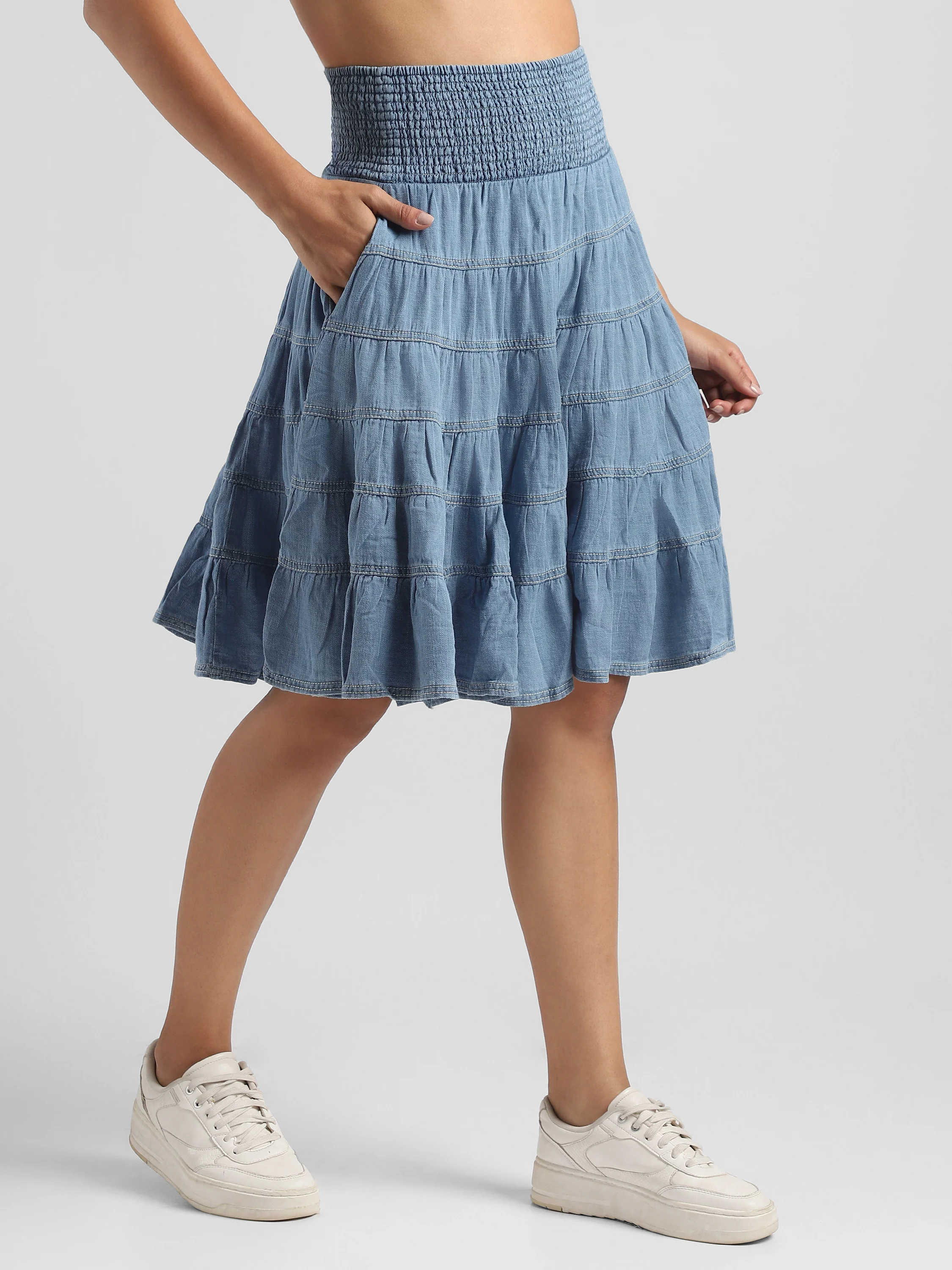 Women Denim Tiered Skirt with Smocked Waist - Image 3