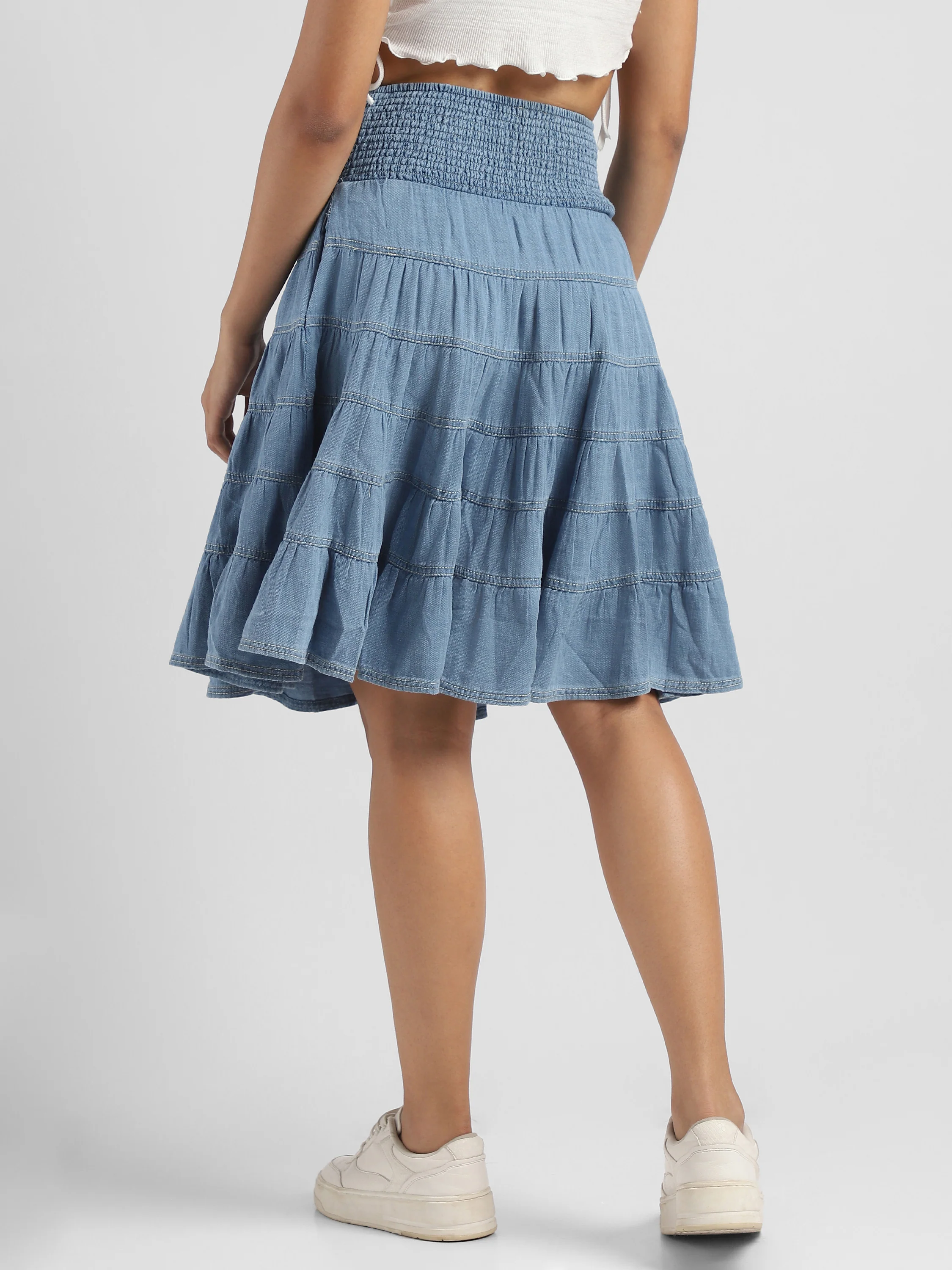 Women Denim Tiered Skirt with Smocked Waist - Image 4