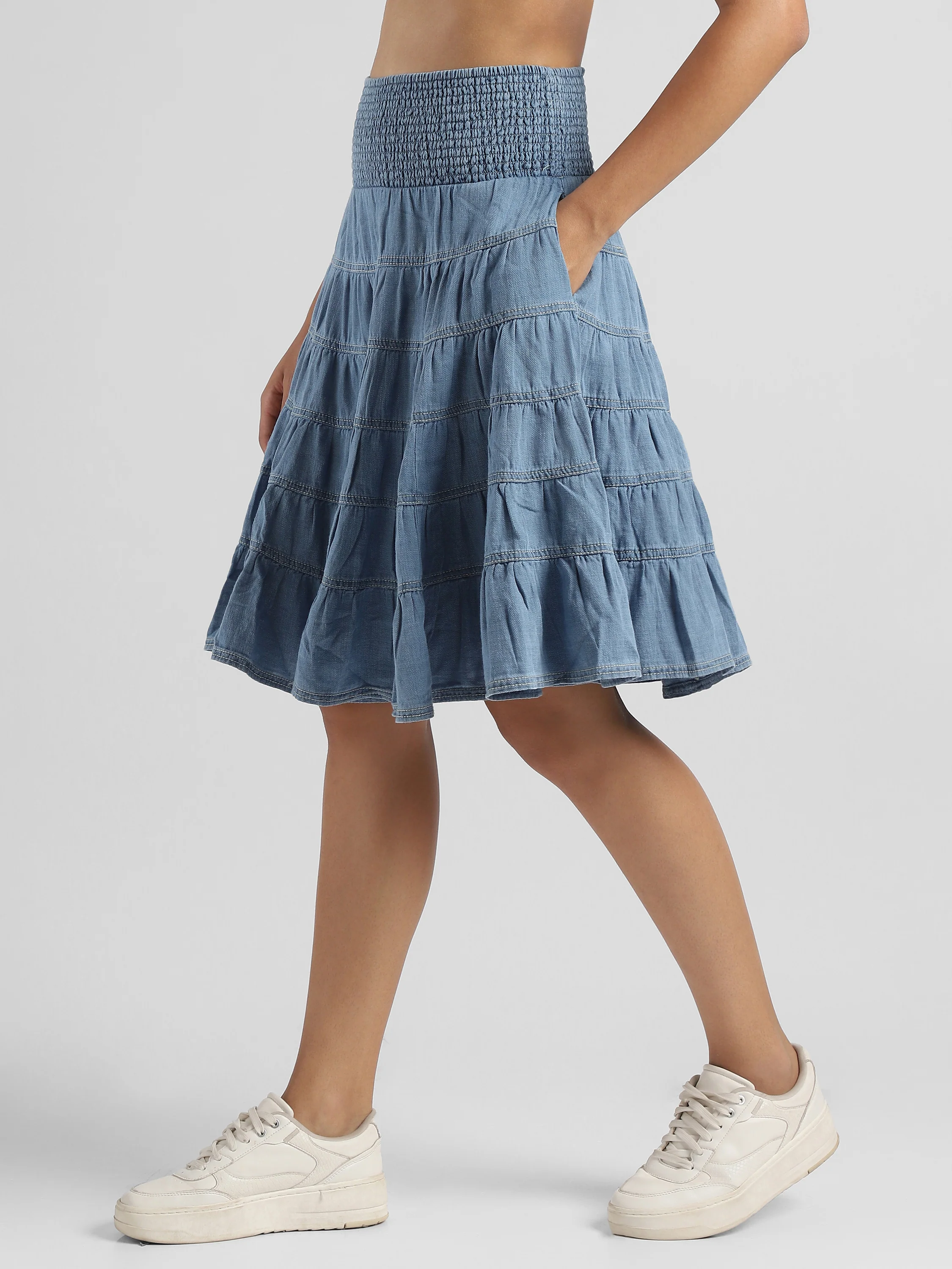Women Denim Tiered Skirt with Smocked Waist - Image 5