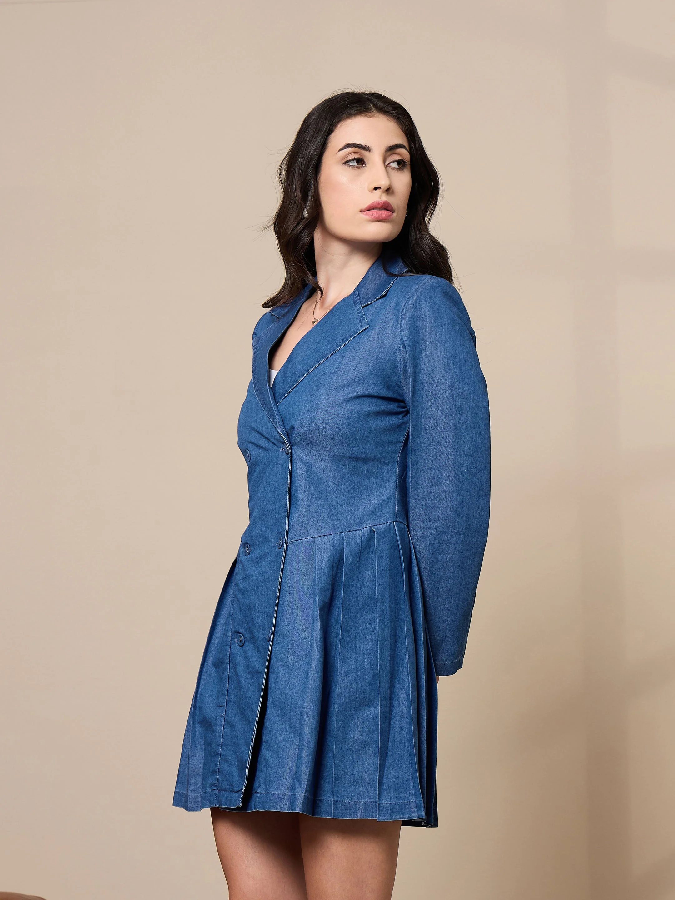 Women Blue Collar Blazer Dress - Image 3