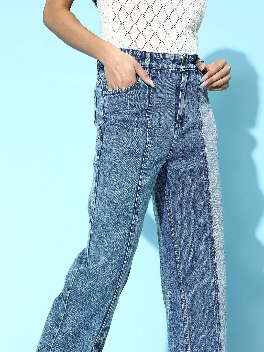 Women Blue Colour Block Jeans - Image 5