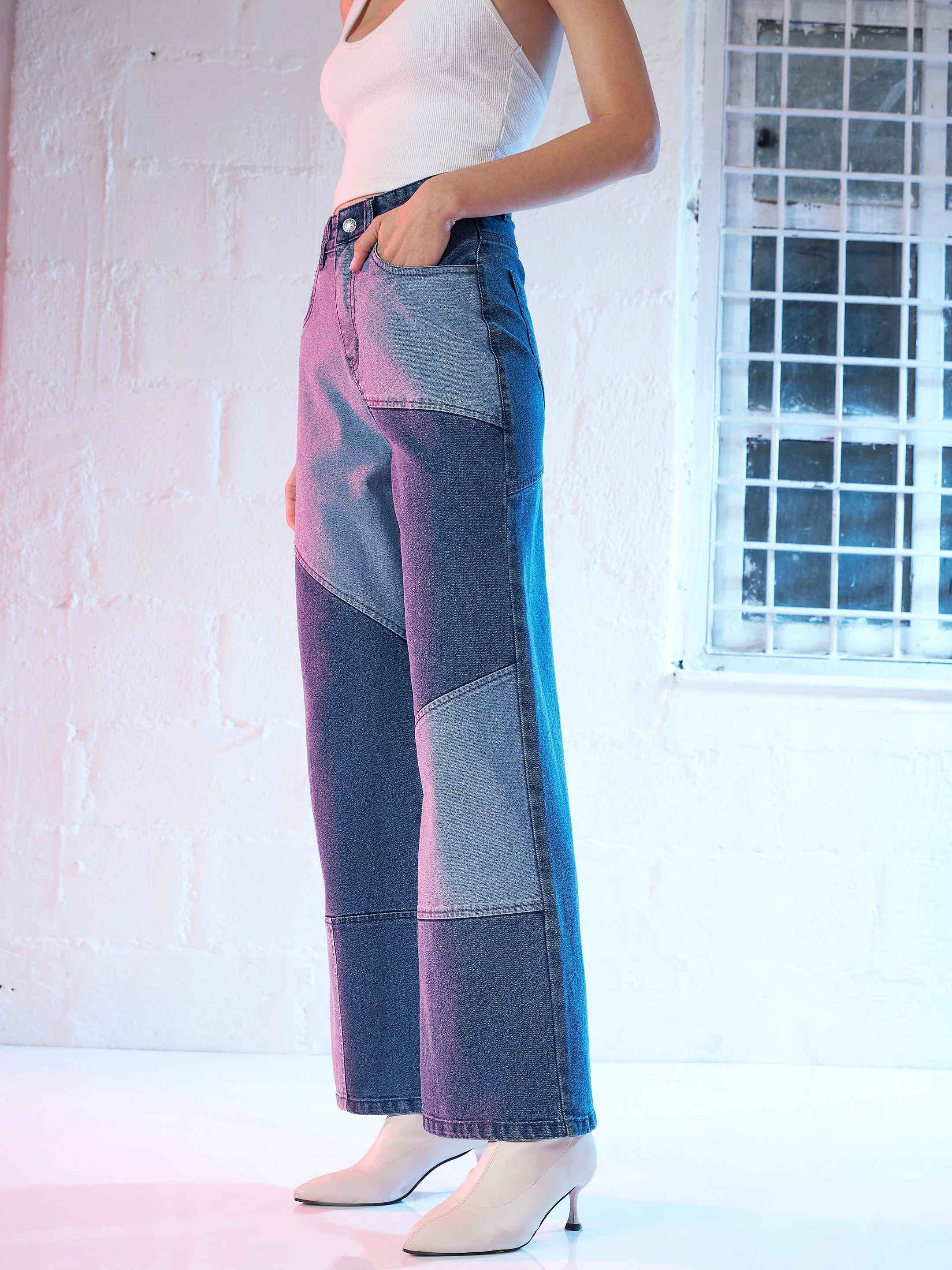 Women Blue Colour Block Straight Fit Jeans - Image 3