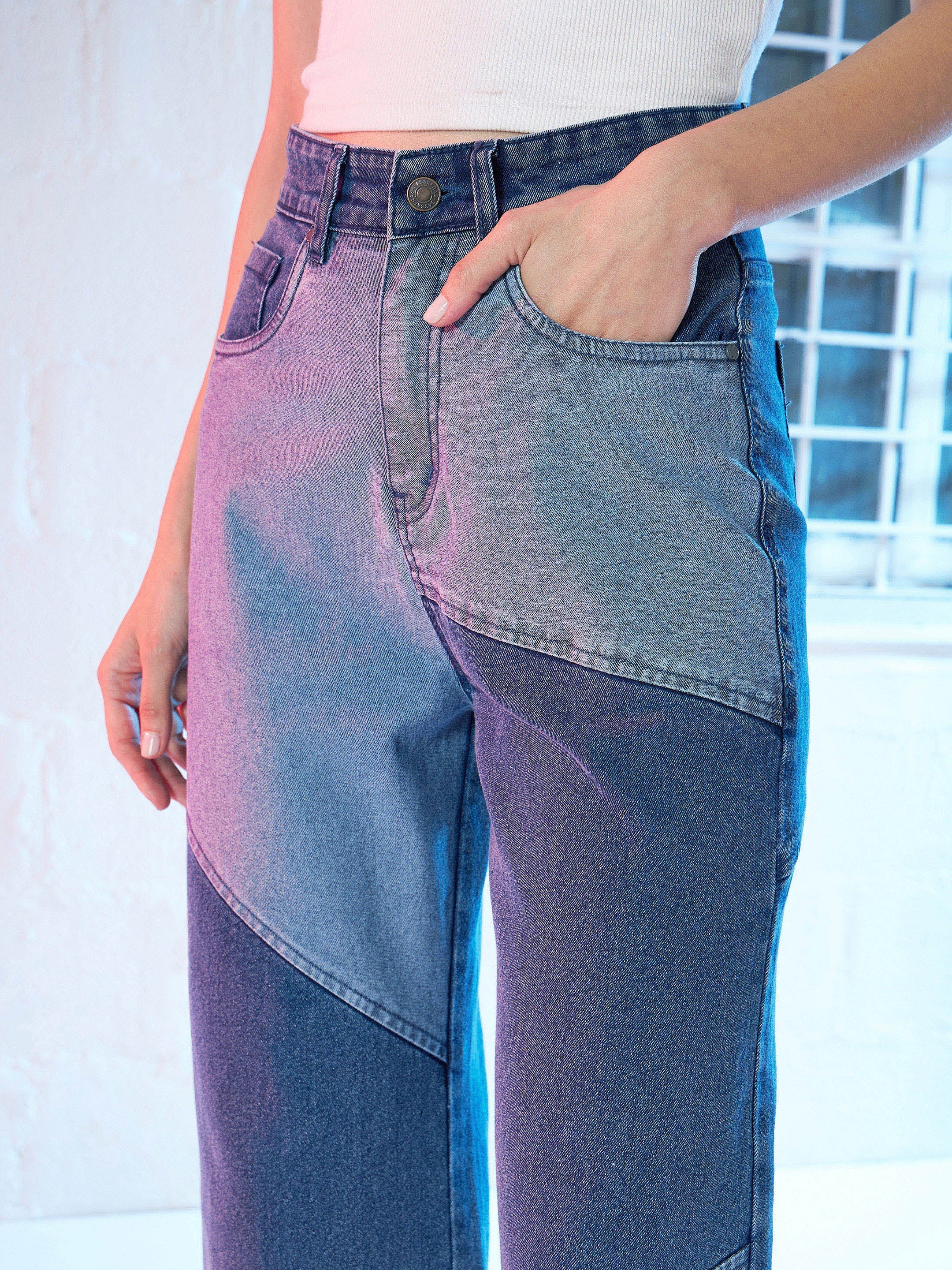 Women Blue Colour Block Straight Fit Jeans - Image 4