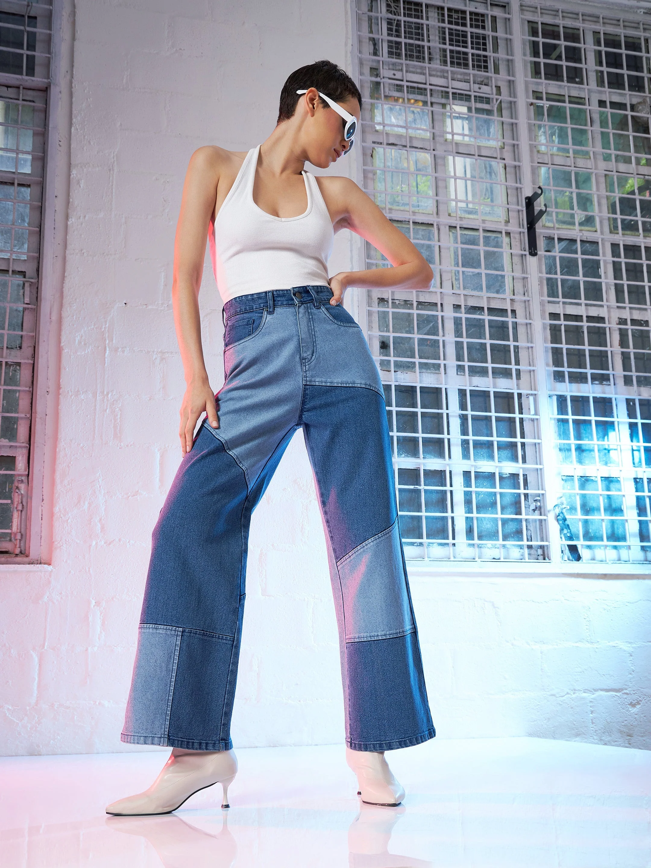 Women Blue Colour Block Straight Fit Jeans - Image 5