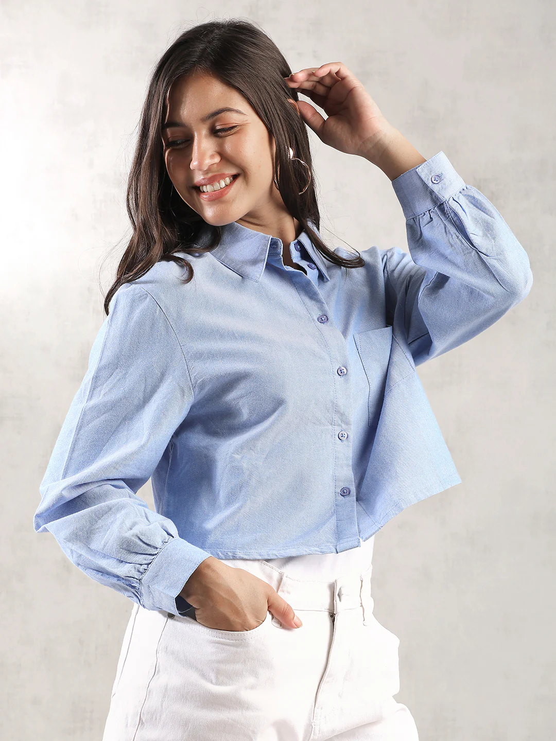 Women Light Blue Cropped Shirt - Image 3