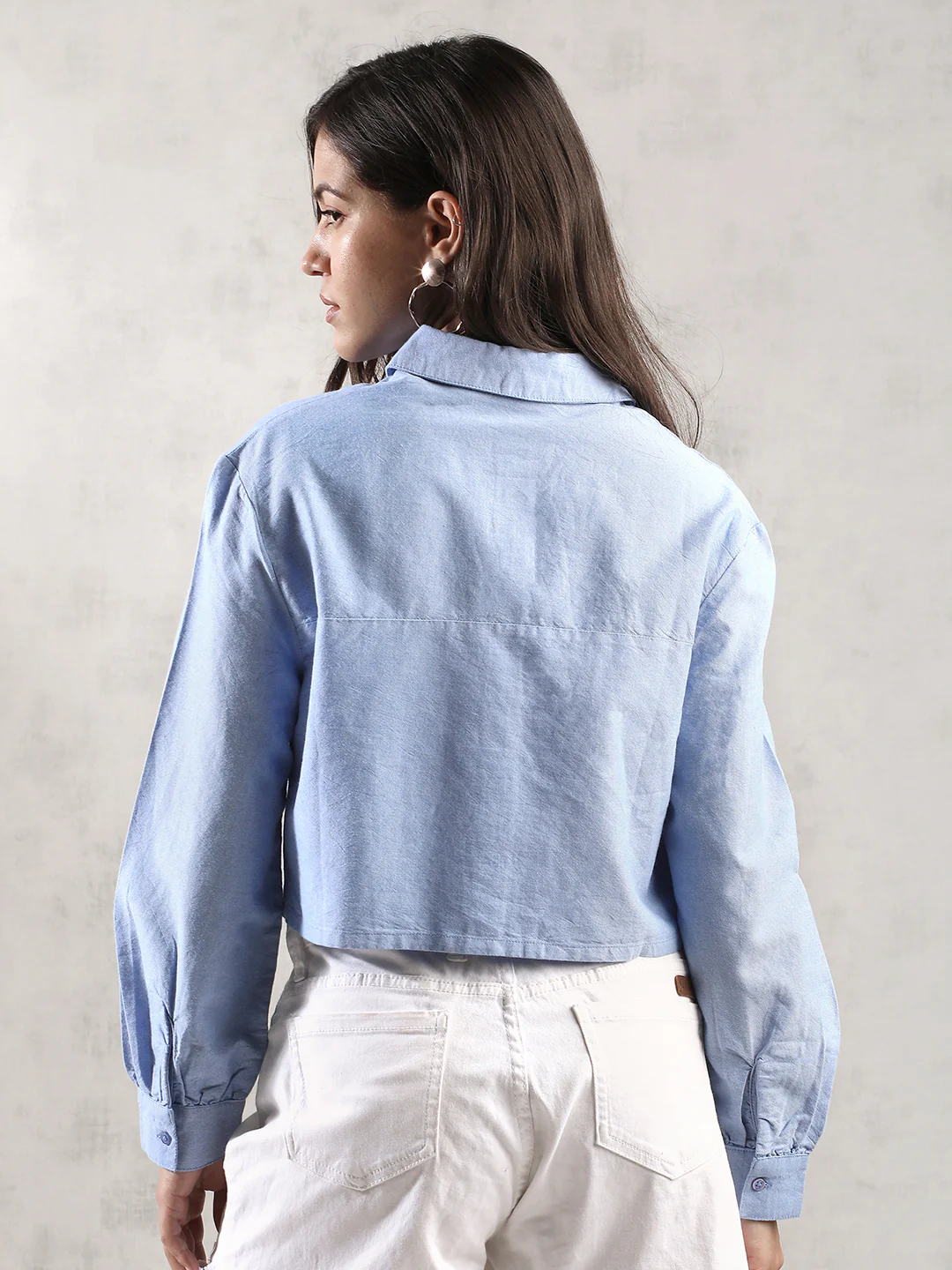 Women Light Blue Cropped Shirt - Image 4