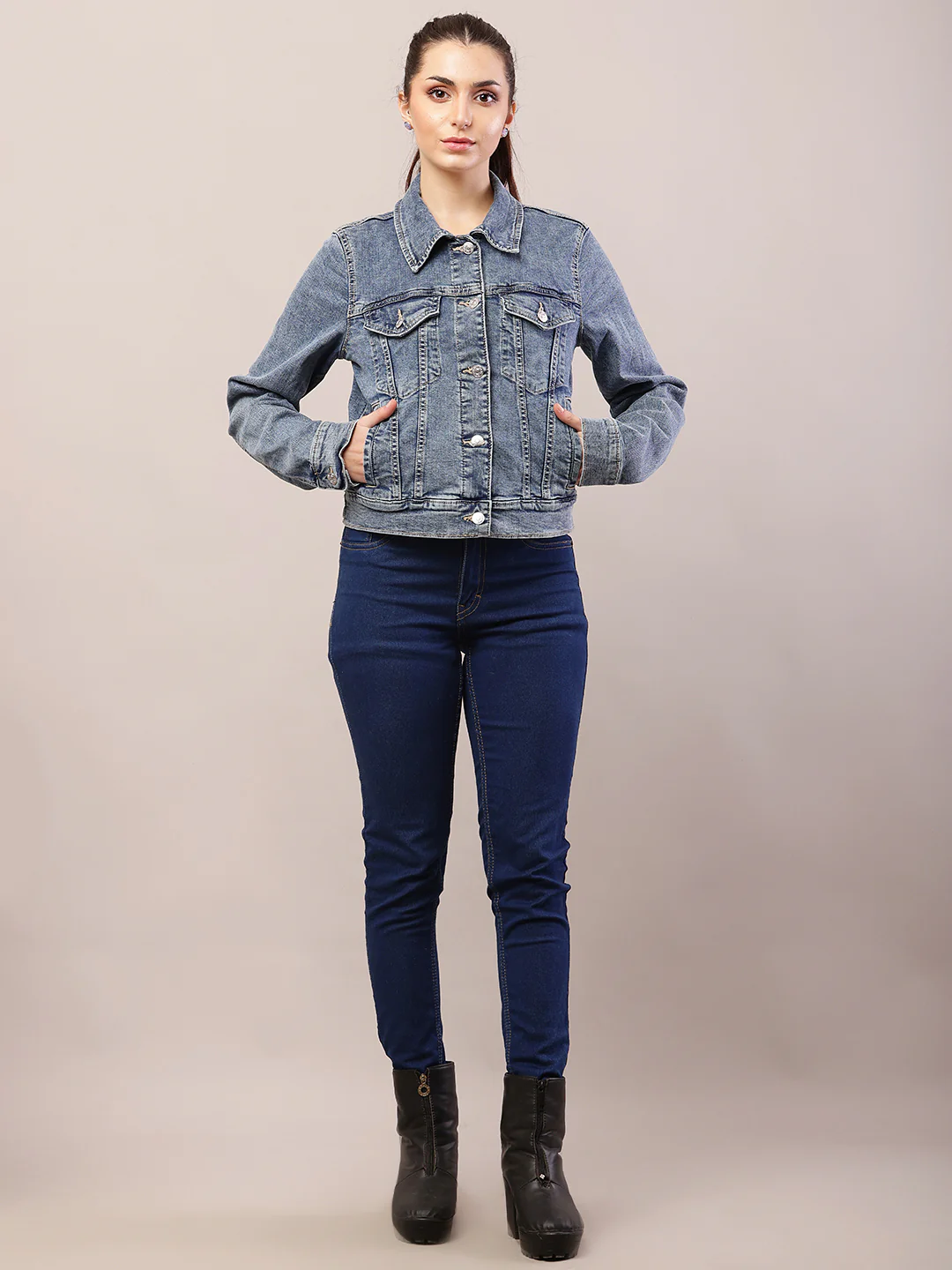 Women blue cotton denim shirt collar jacket - Image 3